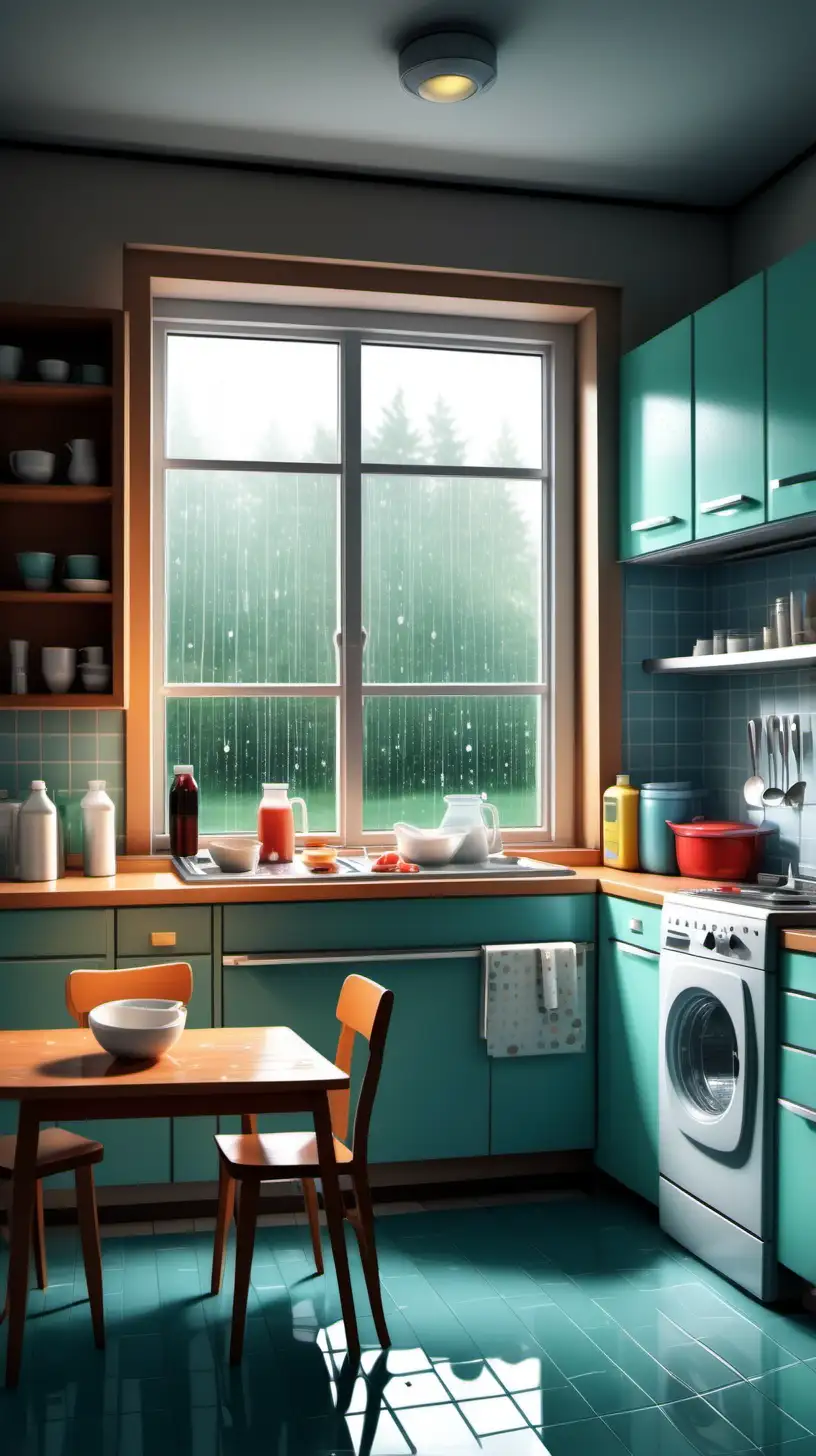 Cartoon big kitchen with an opened refrigerator with a gallon of milk inside and an opened dish washer  with dishes and a table with 2 bowls and 2 spoons on top, and extra space for walking, there is a window and it is raining outside