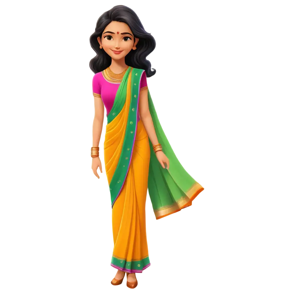 Young-Village-Lady-Cartoon-Wearing-Saree-Exquisite-PNG-Illustration-for-Online-Platforms