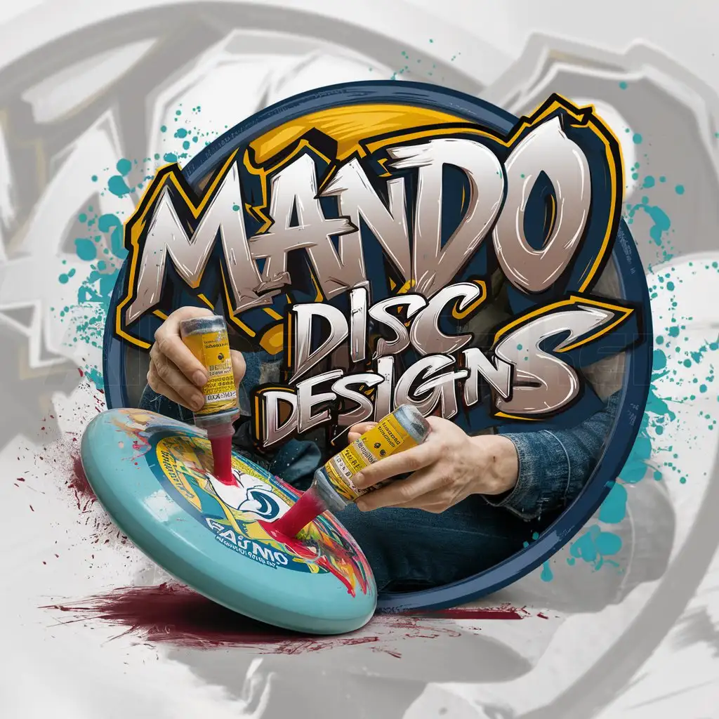 a logo design,with the text 'Mando Disc Designs', main symbol:Bright splashy colors, edgy and cool graffiti style text, an unseen graffiti artist's hands squeezing paint from squeeze bottles onto a Frisbee laying at an angle on a surface. The artist paints the frisbee in a frenzy of paint flying and splashing everywhere,Moderate,clear background