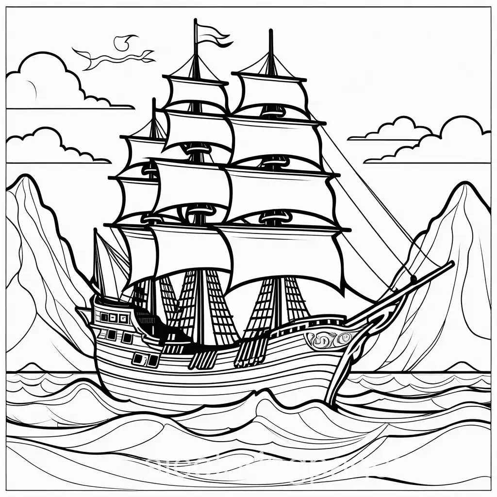 Pirate Ship: 'A very simple pirate ship with minimal details. Outline only, no shading or patterns, black and white line art for coloring. Suitable for A4 print.' Treasure Map: 'A very simple treasure map with an X marking the treasure spot, a few paths, and some basic symbols like trees and mountains. Outline only, no shading or patterns, black and white line art for coloring. Suitable for A4 print.' Pirate Flag: 'A very simple pirate flag with a skull and crossbones. Outline only, no shading or patterns, black and white line art for coloring. Suitable for A4 print.' Coloring Page, black and white, line art, white background, Simplicity, Ample White Space. The background of the coloring page is plain white to make it easy for young children to color within the lines. The outlines of all the subjects are easy to distinguish, making it simple for kids to color without too much difficulty