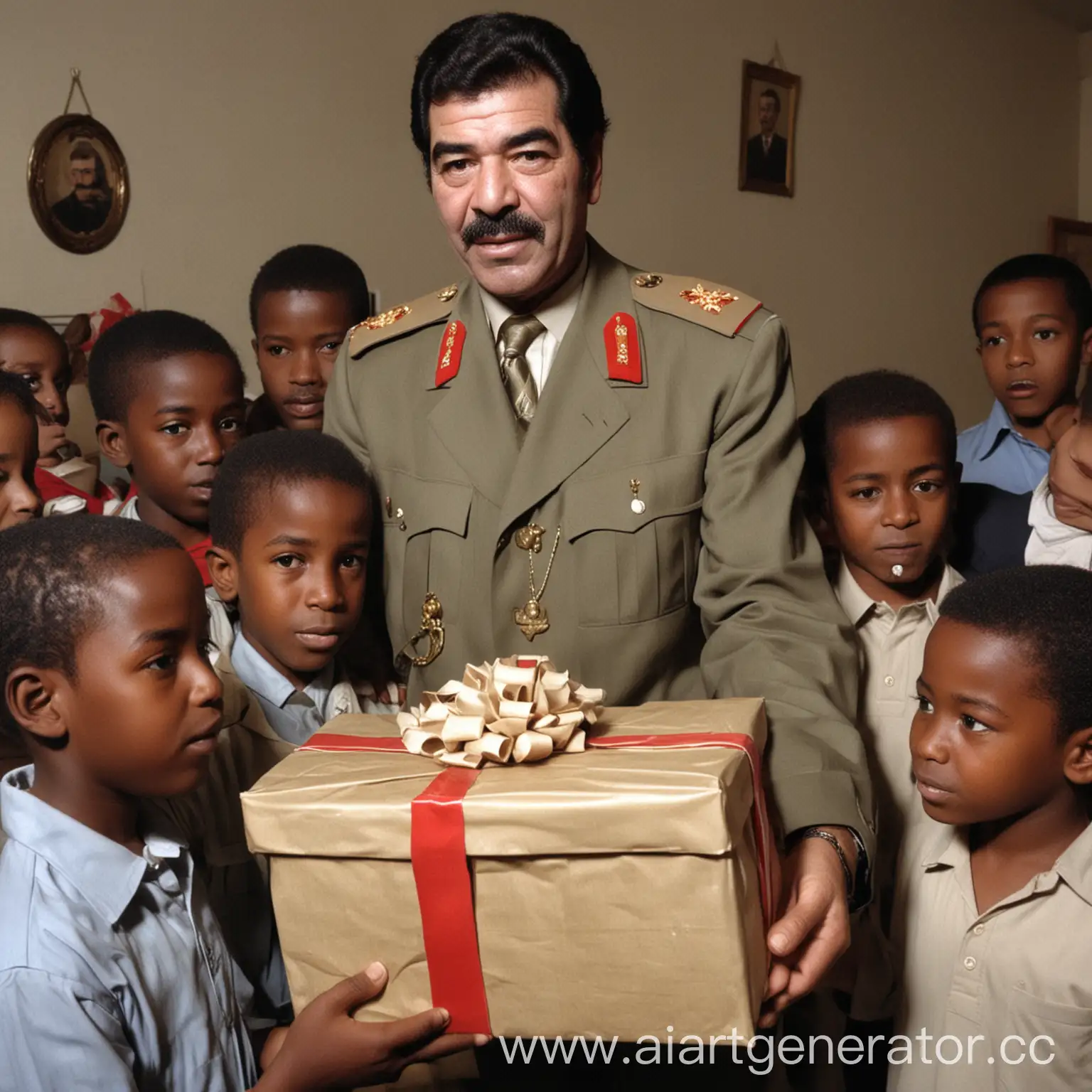 
Саддам Хусейн дарит Африканским детям подарки
