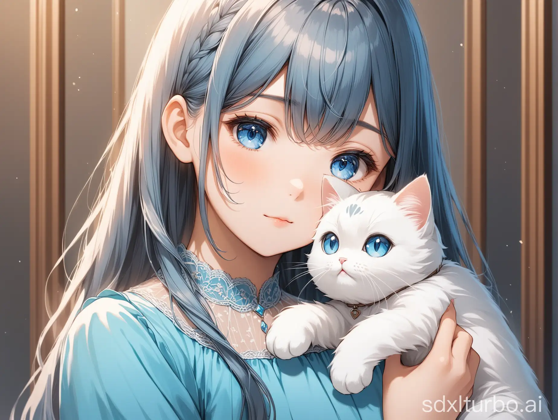 a girl in a blue dress holding a white and grey plush cat, both the girl and the cat are in the frame, master-level, high definition