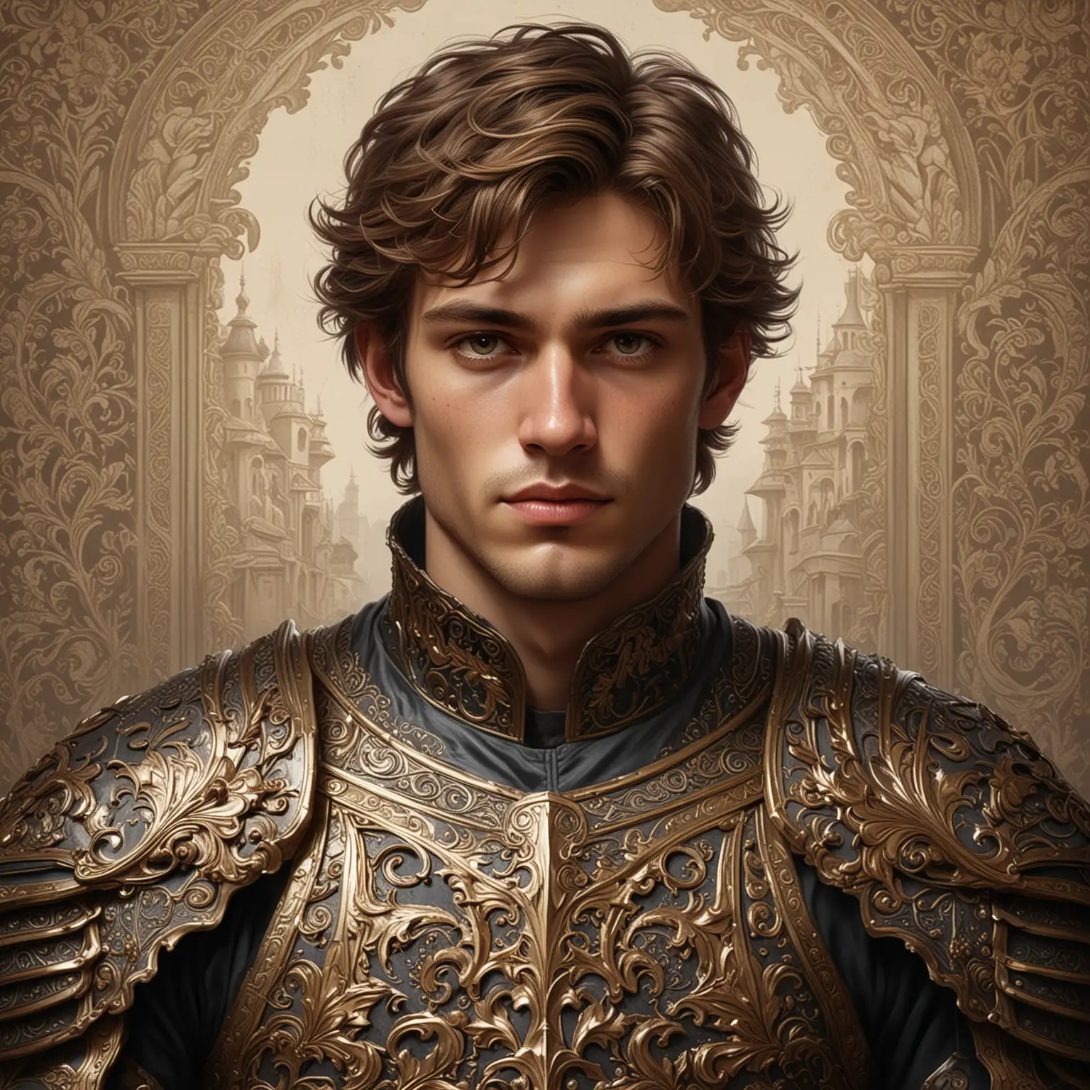 The image is a stylized portrait of a young man with a confident and noble expression. He has tousled, wavy brown hair that frames his face, with a few loose strands adding a casual touch to his otherwise refined appearance. His facial features are sharp and well-defined, with high cheekbones, a straight nose, and a strong jawline. His eyes are dark and expressive, exuding a sense of determination and calm.

He is dressed in an ornate, medieval-style armor with intricate golden engravings. The armor covers his shoulders and chest, featuring elaborate patterns and designs that highlight its craftsmanship. Beneath the armor, he wears a black garment that adds contrast to the golden tones of the metal. The background is plain white, putting the focus entirely on the subject.

His posture is upright and poised, with his head slightly turned to the side, suggesting a moment of contemplation or readiness. The overall style of the illustration combines realistic and slightly exaggerated elements, giving it a heroic and timeless quality.