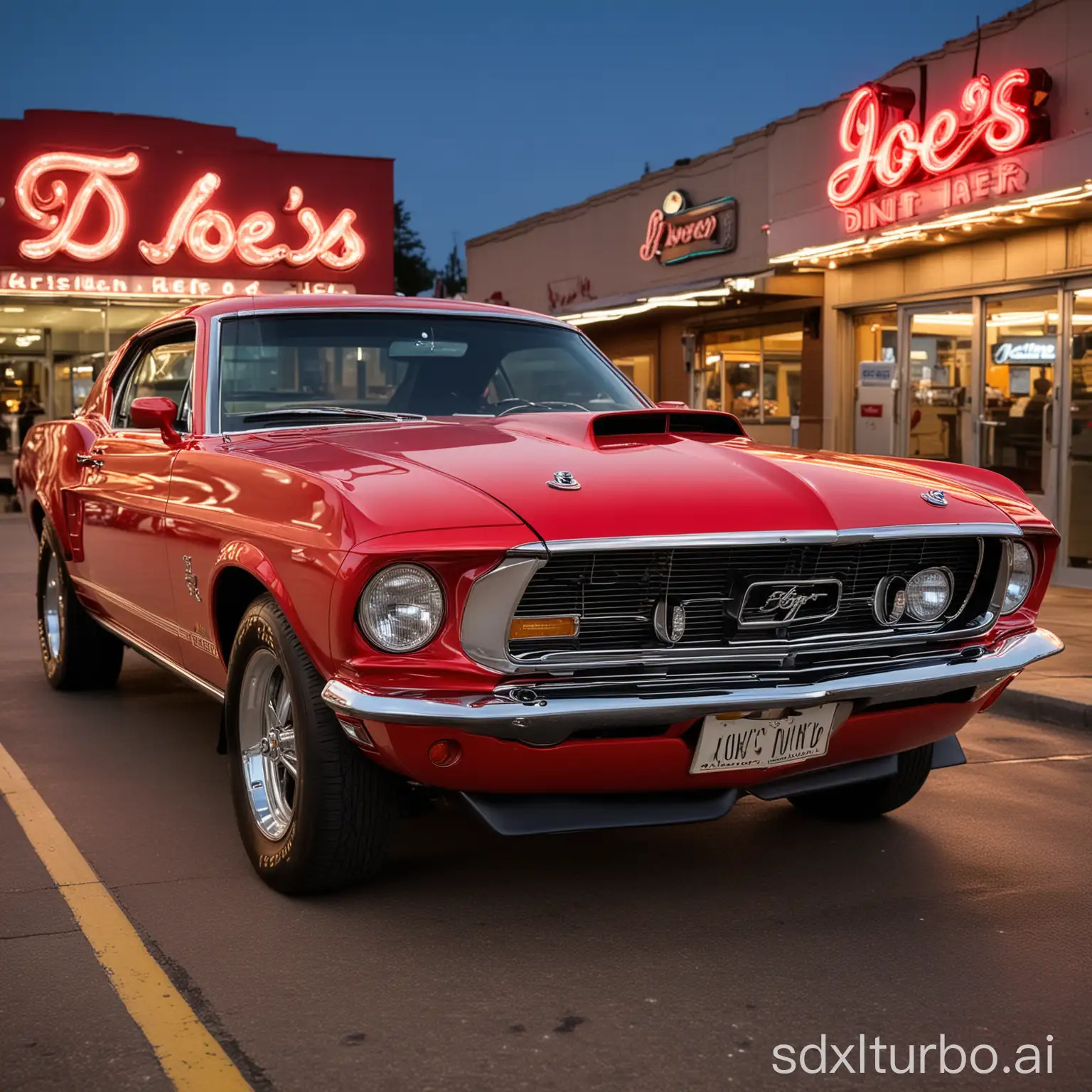 “A close-up of a red 1969 Ford Mustang's grille and headlights, with the car parked in front of a classic American diner. The diner's neon sign reads "Joe's Diner - Established 1954