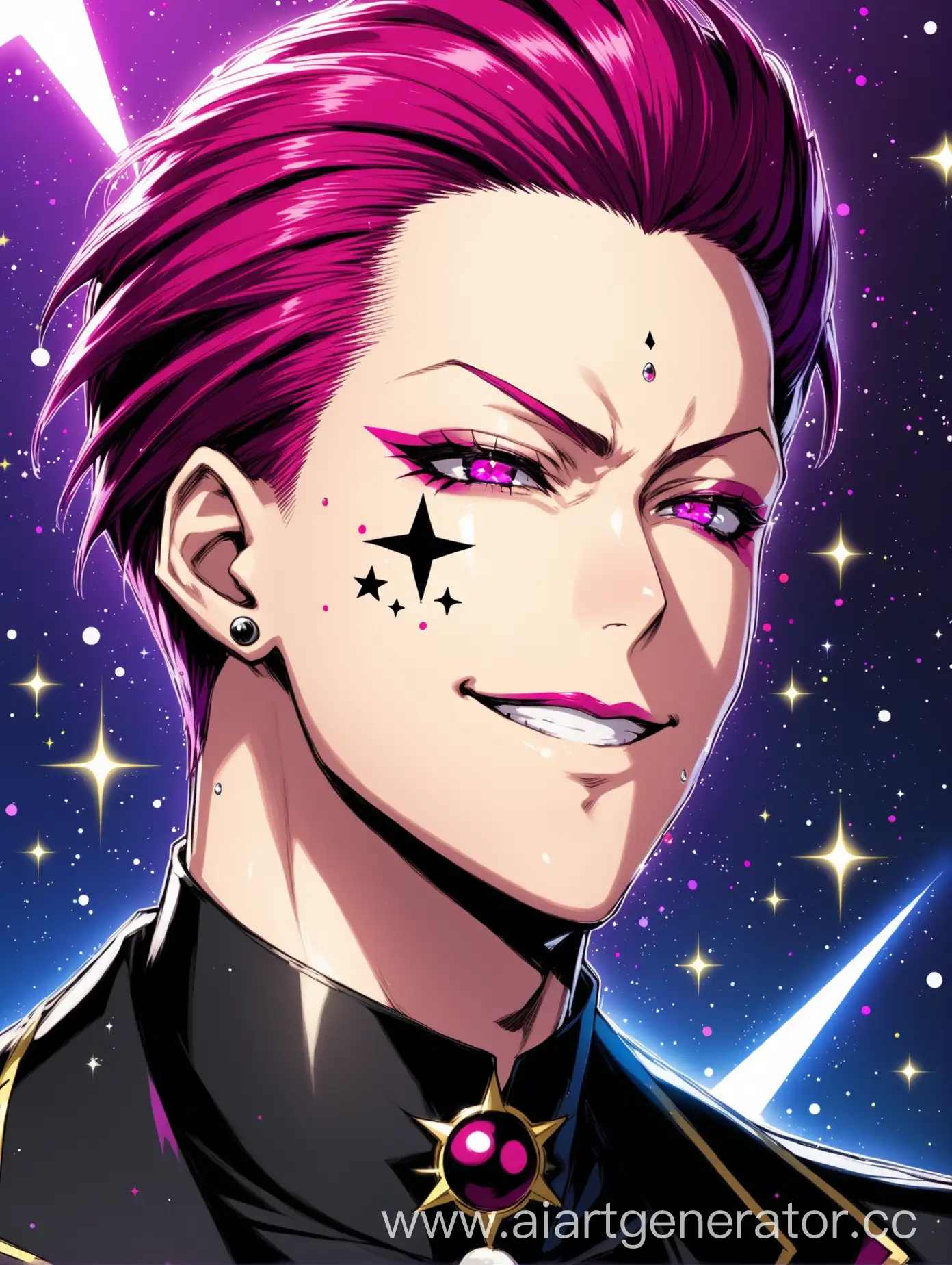 Hisoka-Smirks-in-Expensive-Black-Suit-with-Star-and-Drop-Face-Art