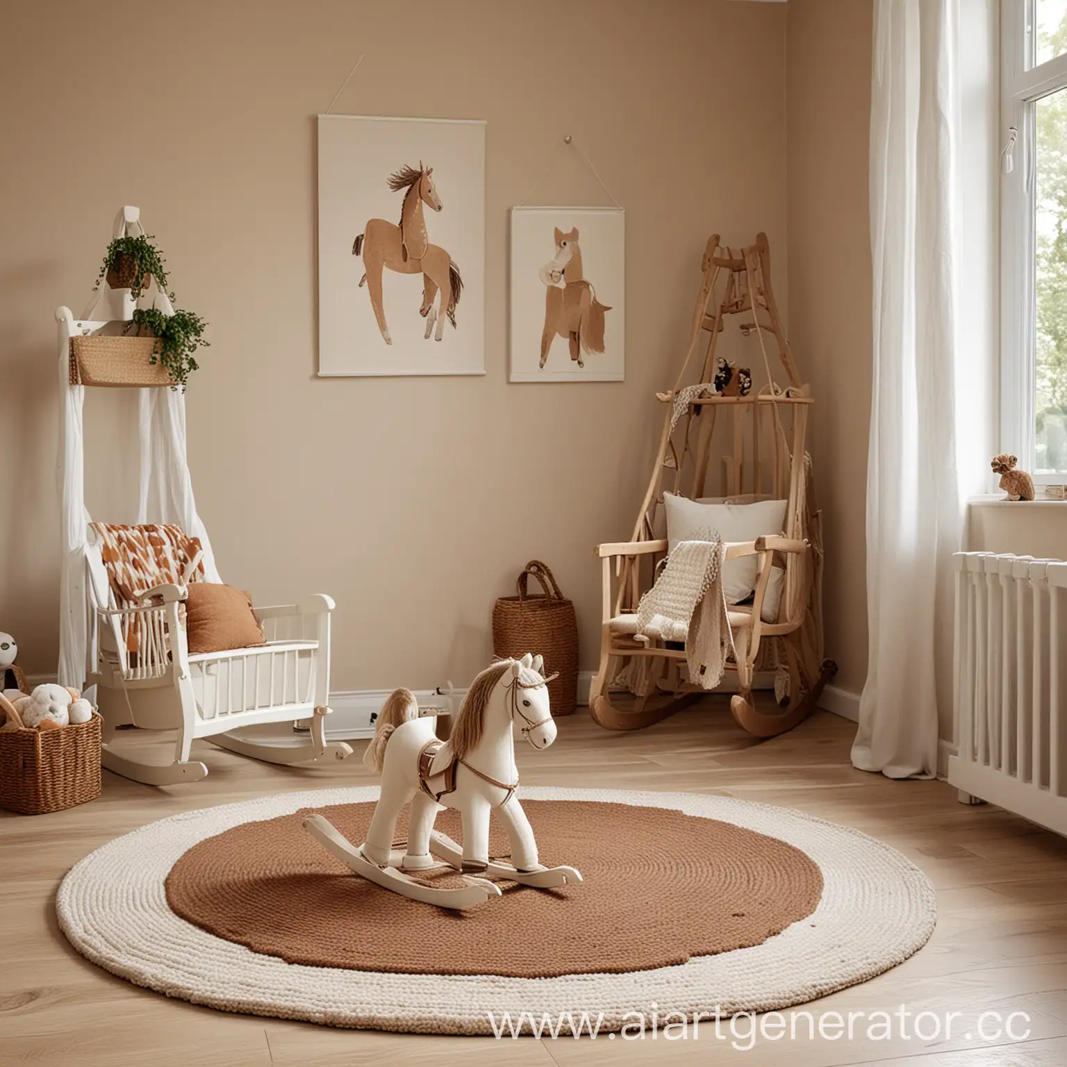 детская комната в бежевых оттенках, коричневый круглый ковер, белая лошадка-качалка
