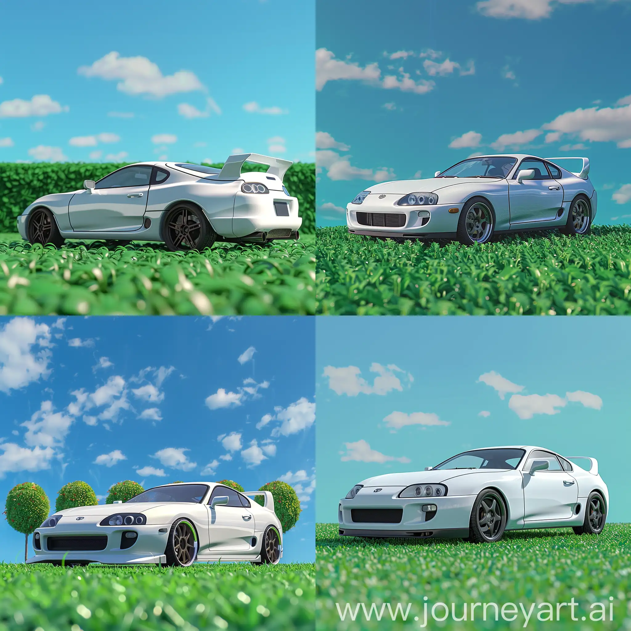 A cute 3d Car called Supra model mk4, The car is parked on green grass and in the back a beautiful blue sky --ar 16:10 --sref 955852072 --v 6 --sw 1000