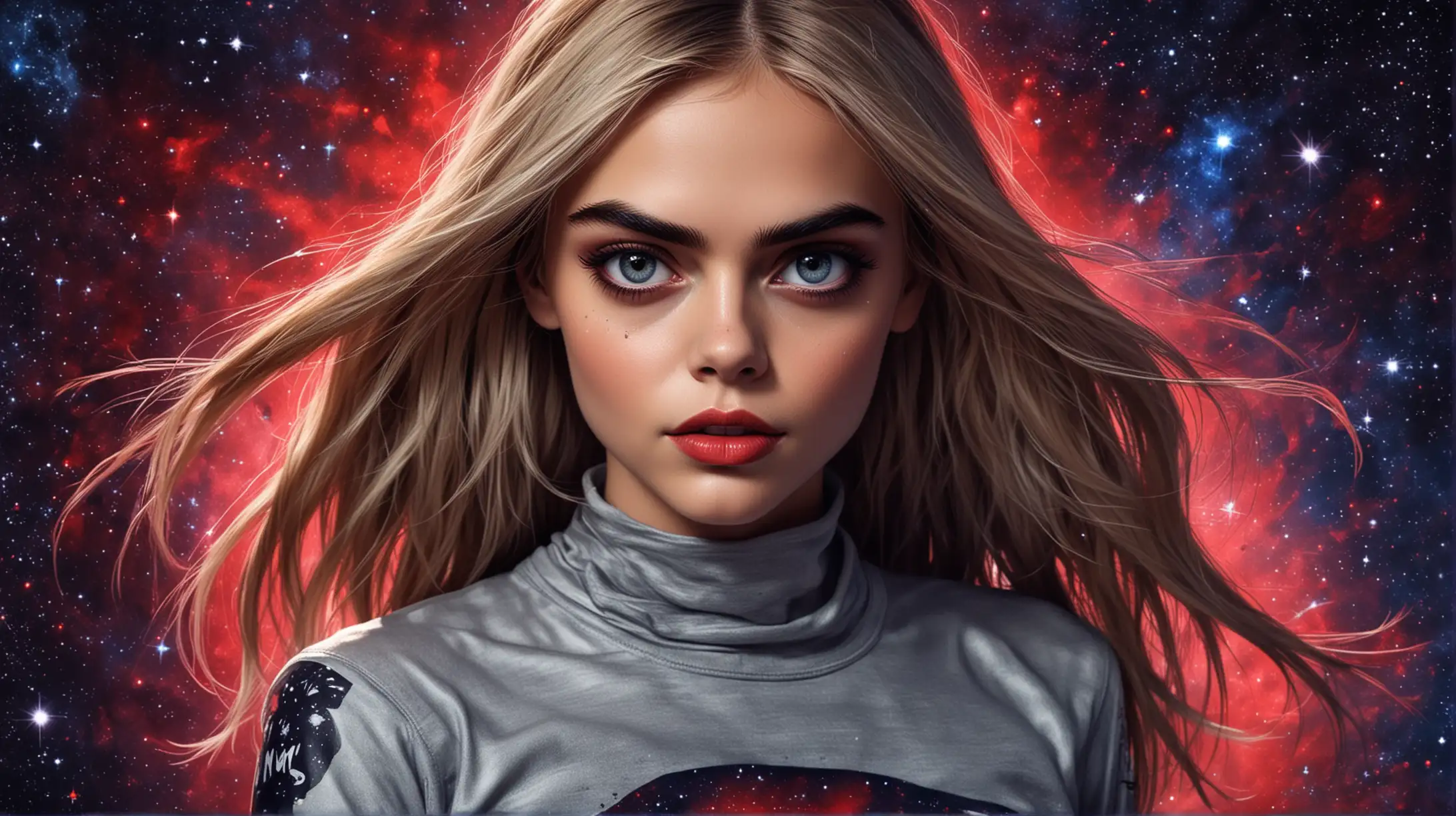 cartoon, Cara Delevingne, galactic beauty woman, galaxy in the background, sexy clothes, big eyes, sensual full red lips