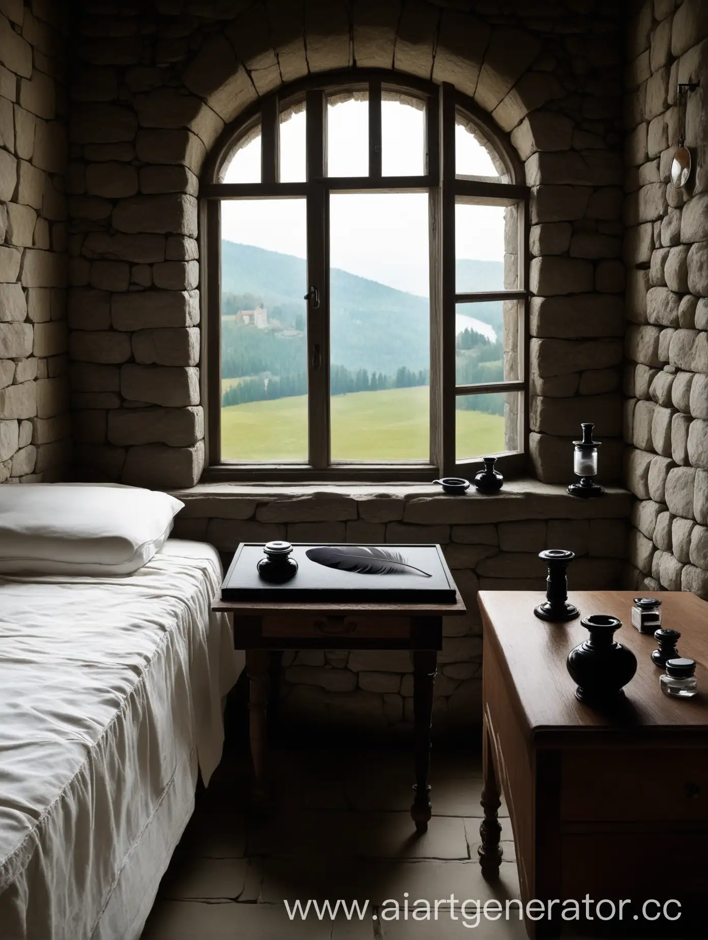 Medieval-Bedroom-Scene-with-Inkwell-and-Feather-on-Table