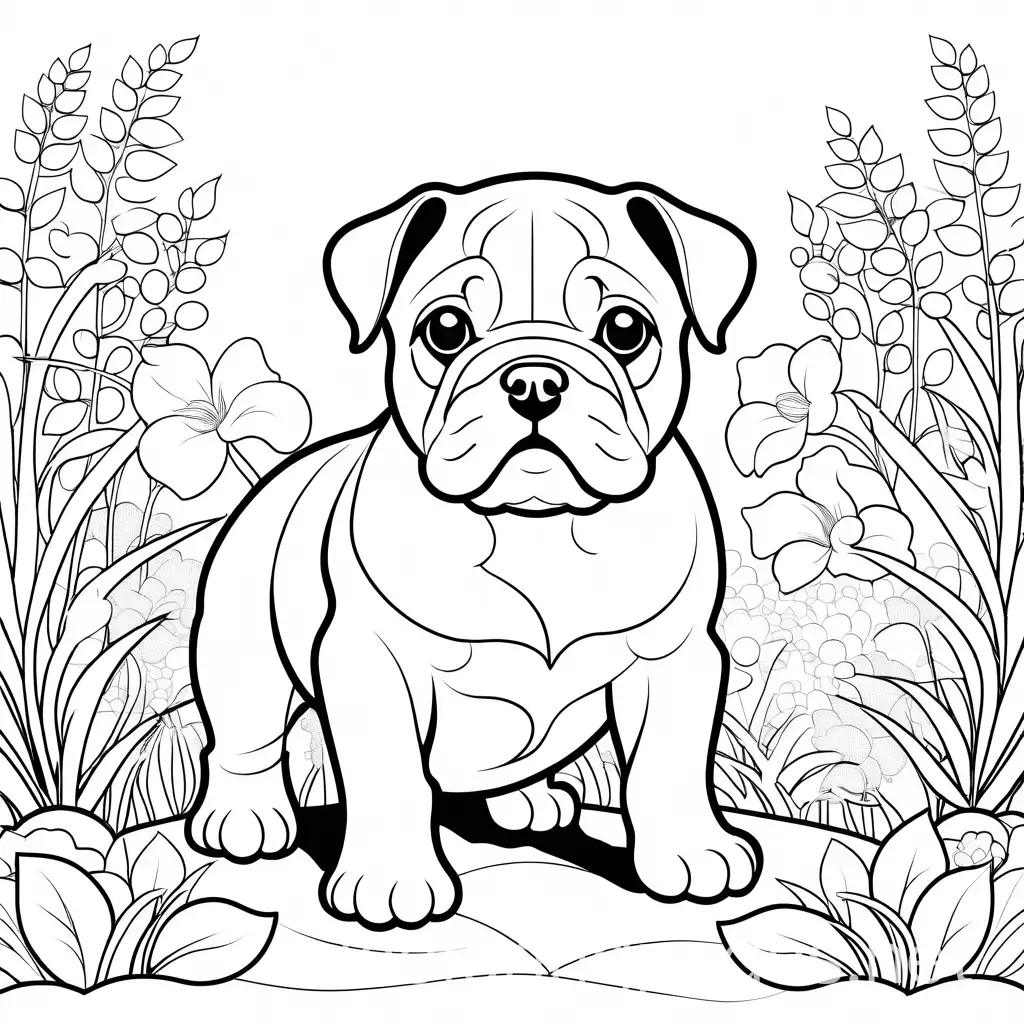 Adorable-Bulldog-Puppy-Coloring-Page-Line-Art-in-Garden-Setting