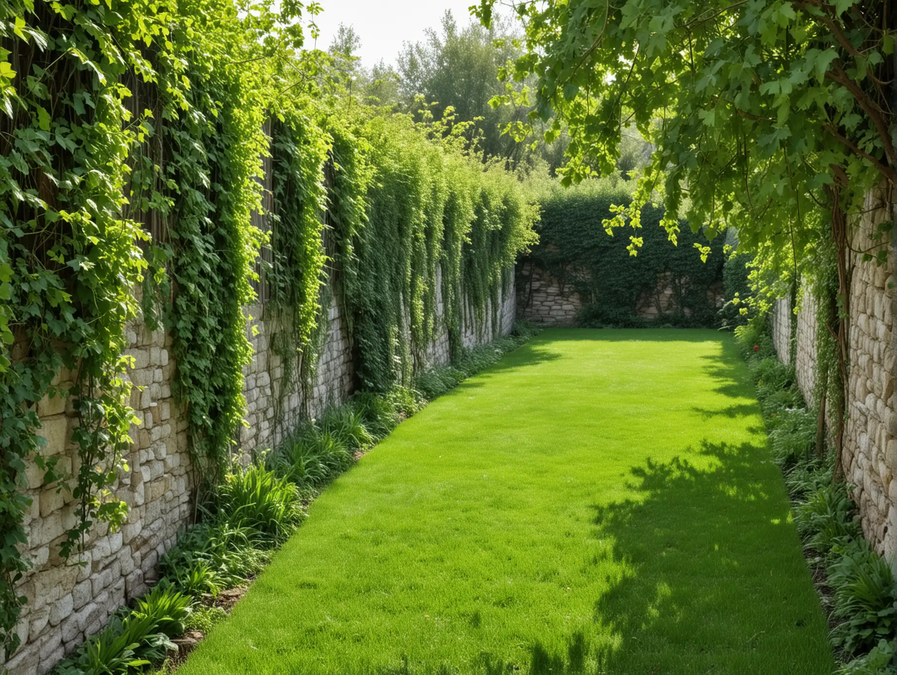 Scenic View Overgrown Grapevine Wall and Freshly Mowed Lawn