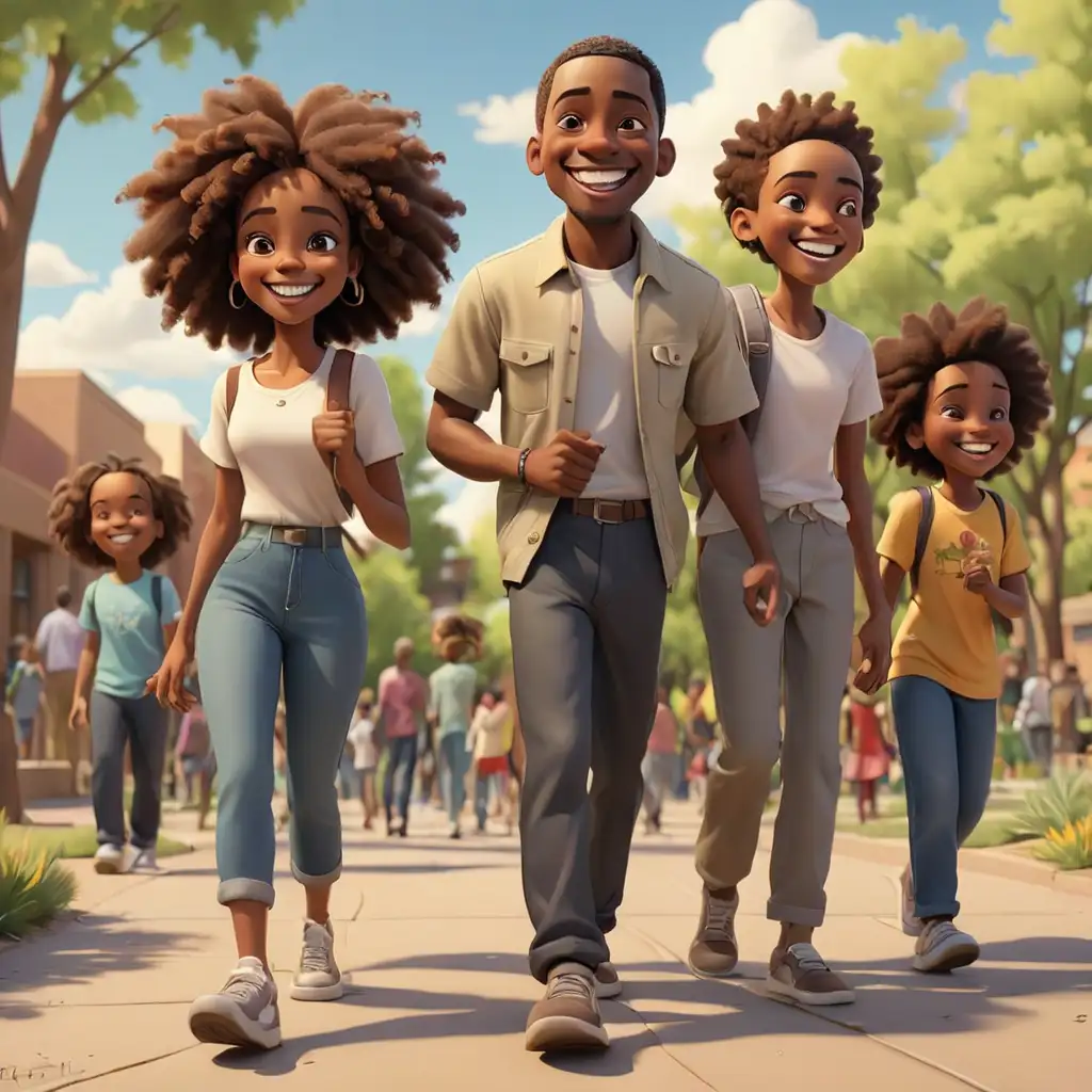 defined 3D cartoon-style African Americans walking to the community center park in New Mexico smiling 
