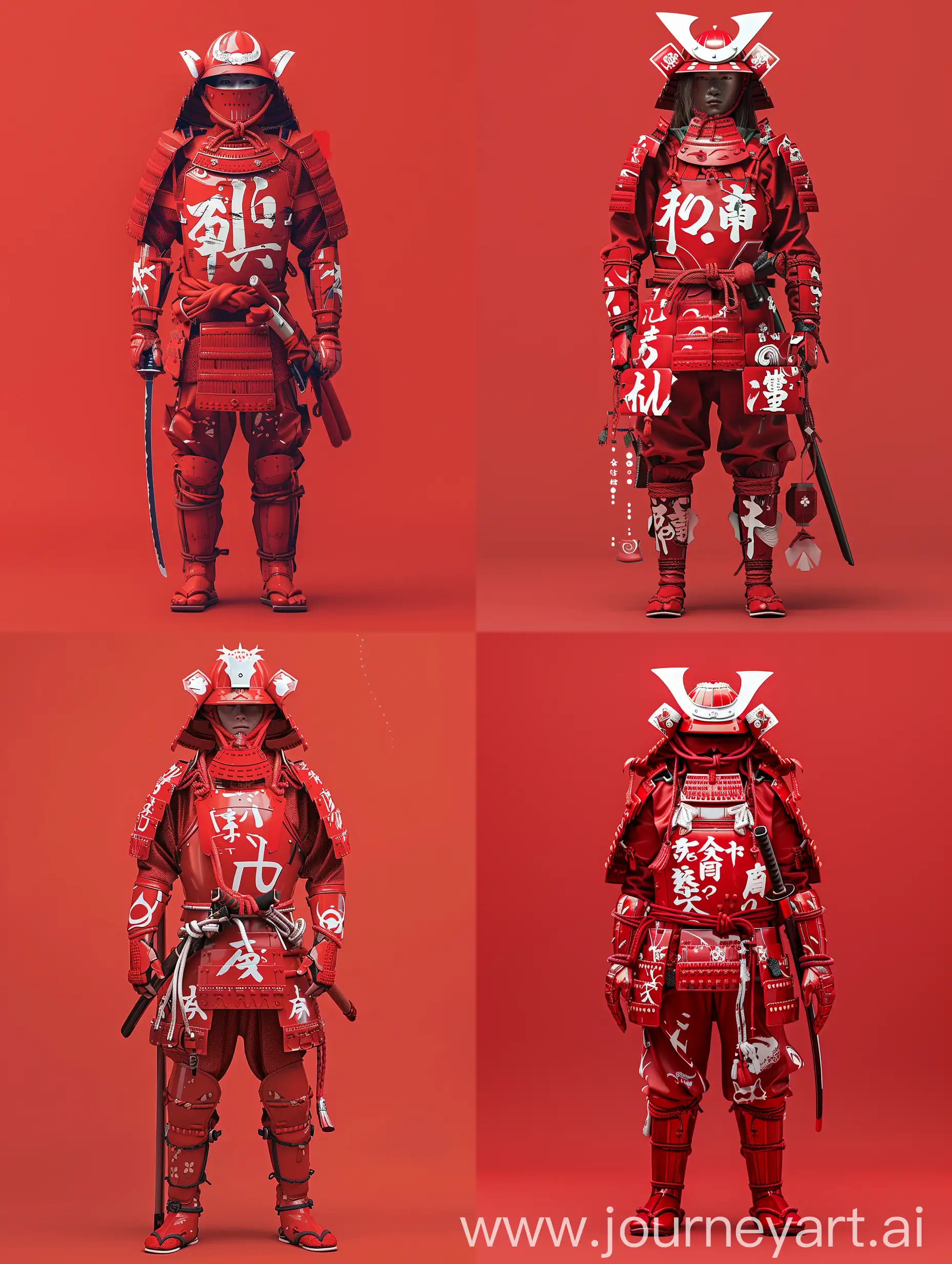 A person wearing an elaborate red samurai armor, adorned with white Japanese characters and symbols, stands against a solid red background. The armor includes a helmet with a prominent white crest, intricate shoulder guards, a chest plate, and arm and leg protectors. The individual carries a sheathed sword at their side and a smaller dagger at their waist. The overall look is detailed and traditional, exuding a sense of historical Japanese warrior culture.