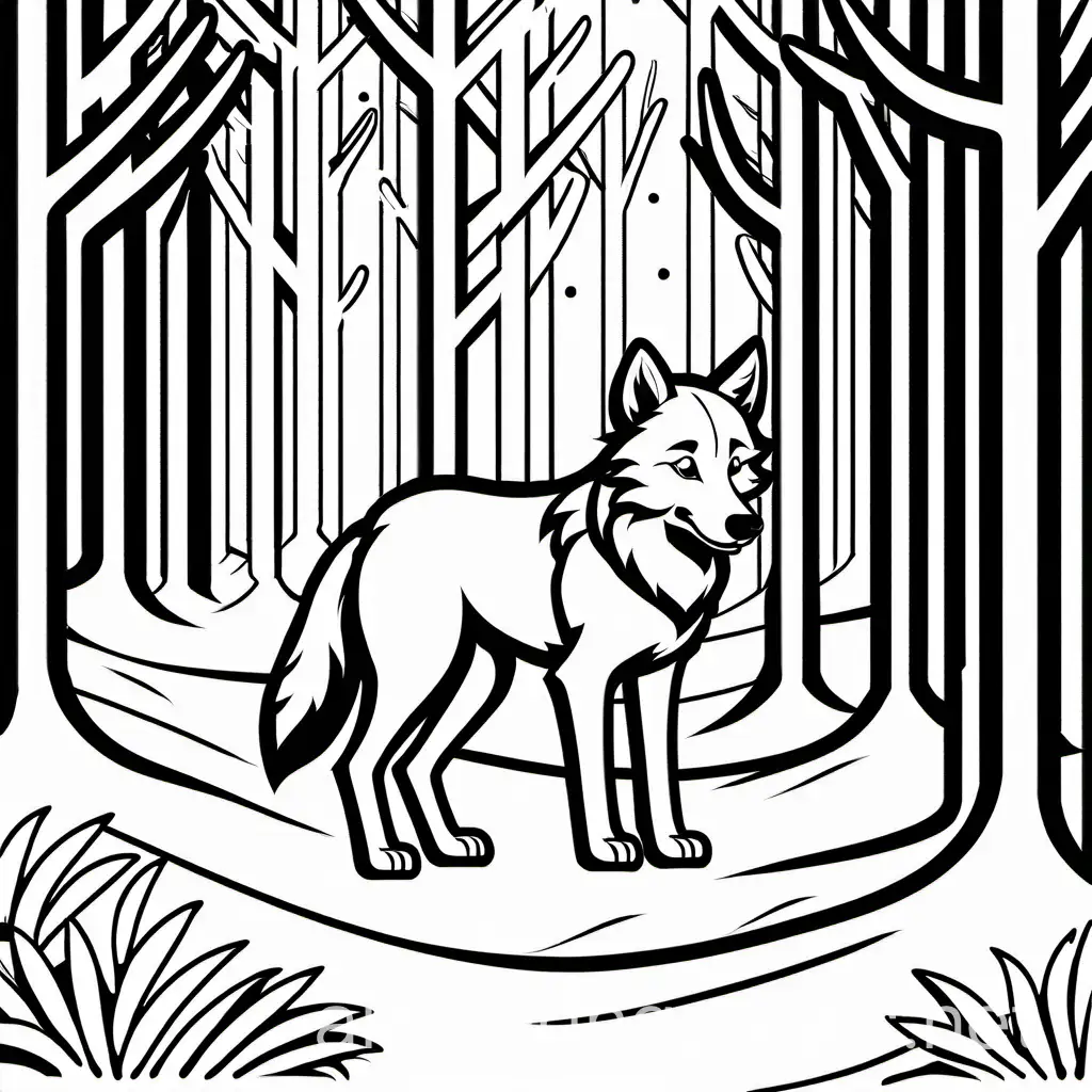 A smiling wolf pup playing in a snowy forest., Coloring Page, black and white, line art, white background, Simplicity, Ample White Space. The background of the coloring page is plain white to make it easy for young children to color within the lines. The outlines of all the subjects are easy to distinguish, making it simple for kids to color without too much difficulty
