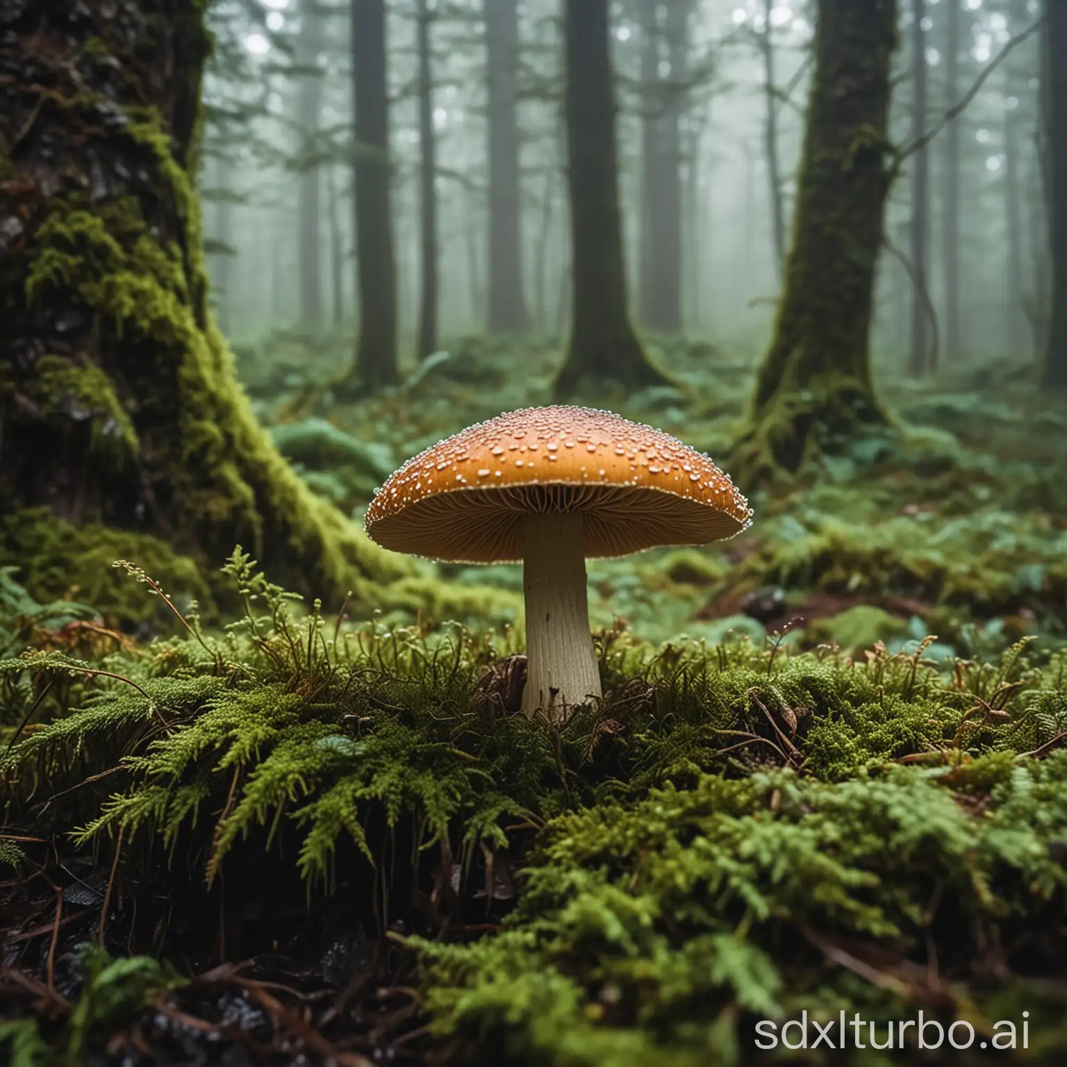 Enchanting shot of a fairytale-like mushroom ring in a misty, moss-covered forest.