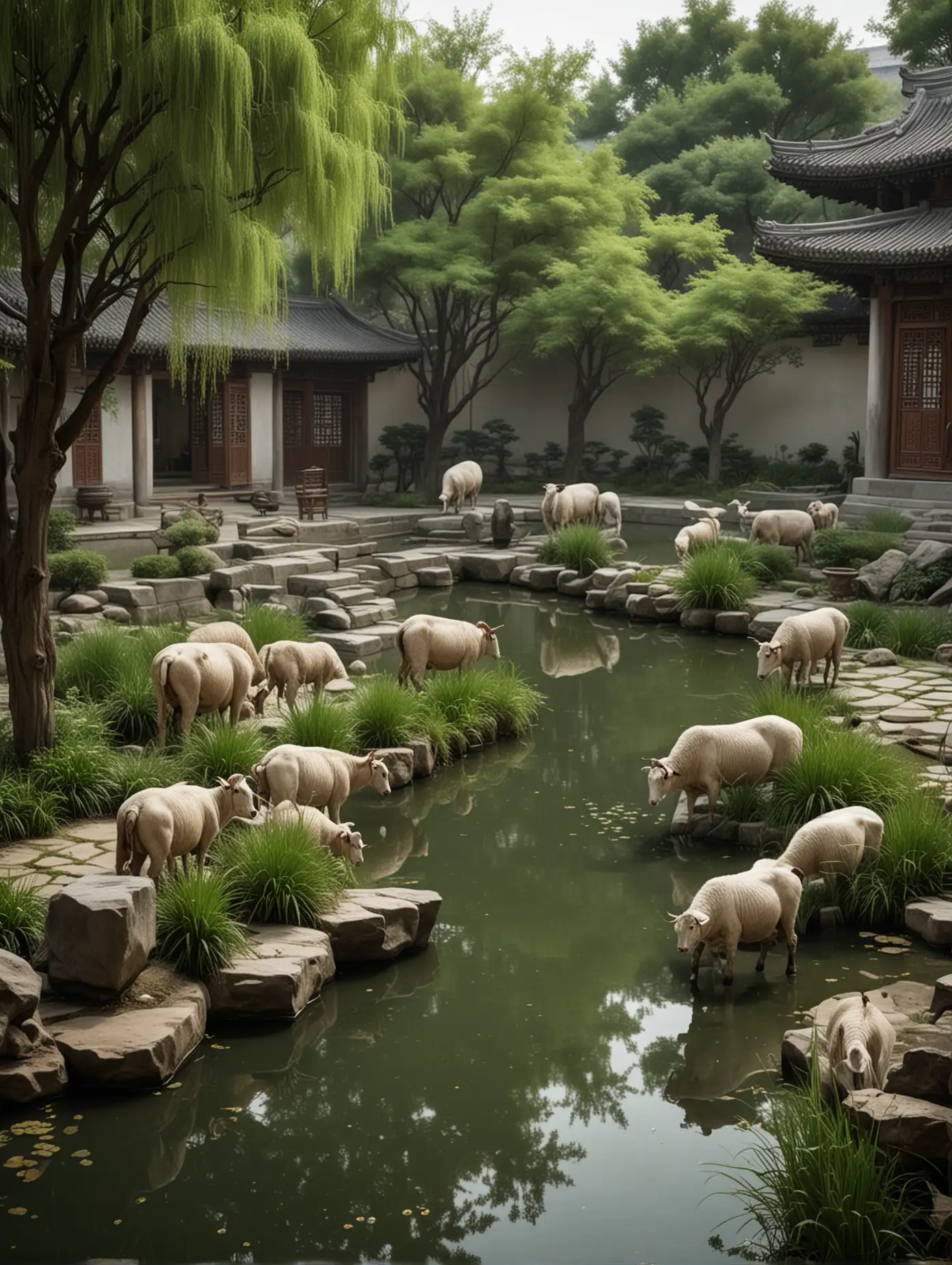 Song Dynasty study courtyard garden trees small pond cattle and sheep grass real details detailed details 8k high definition