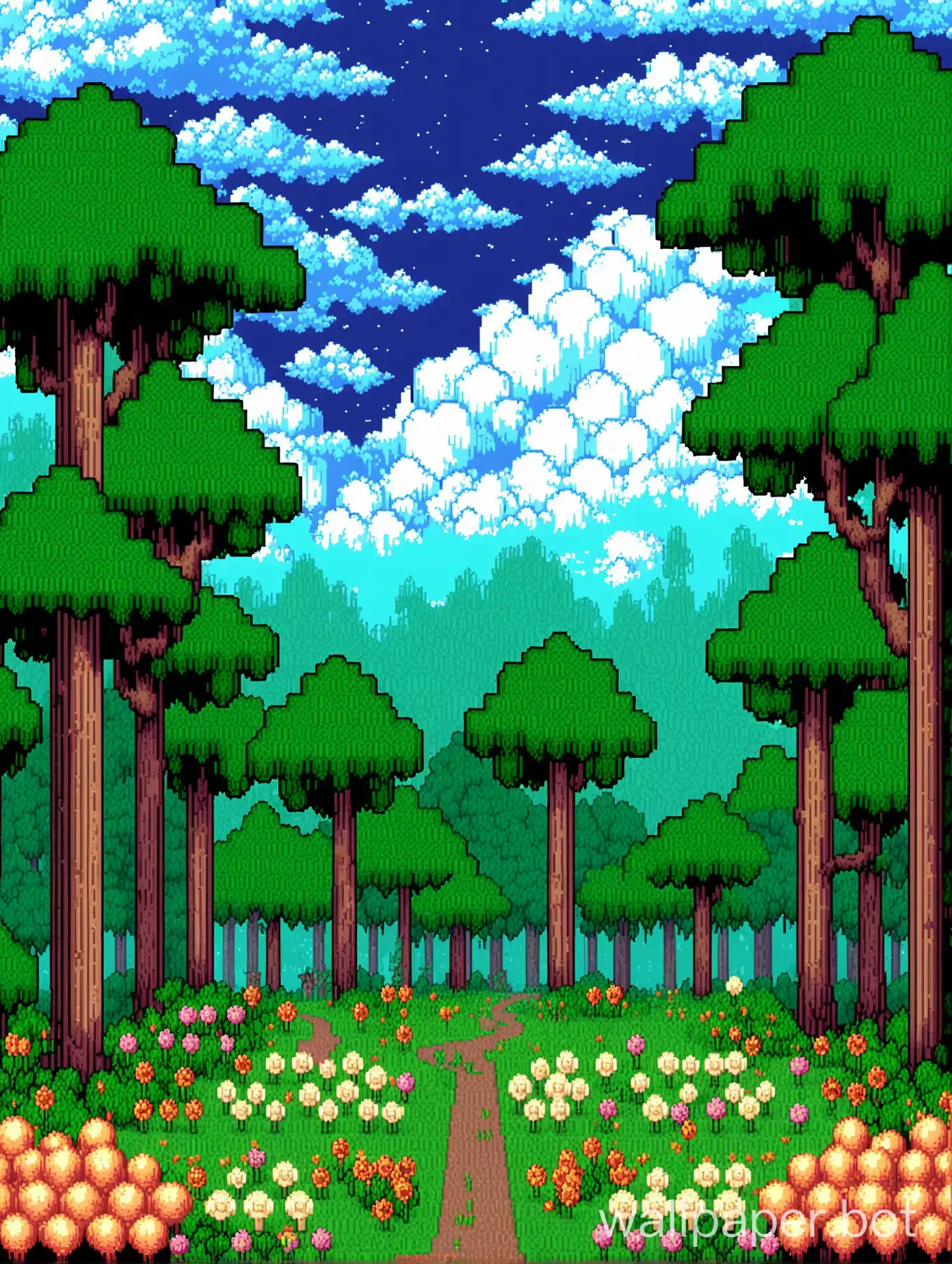 a forest pixel art video game 8 bit with lots of clouds and trees and flowers