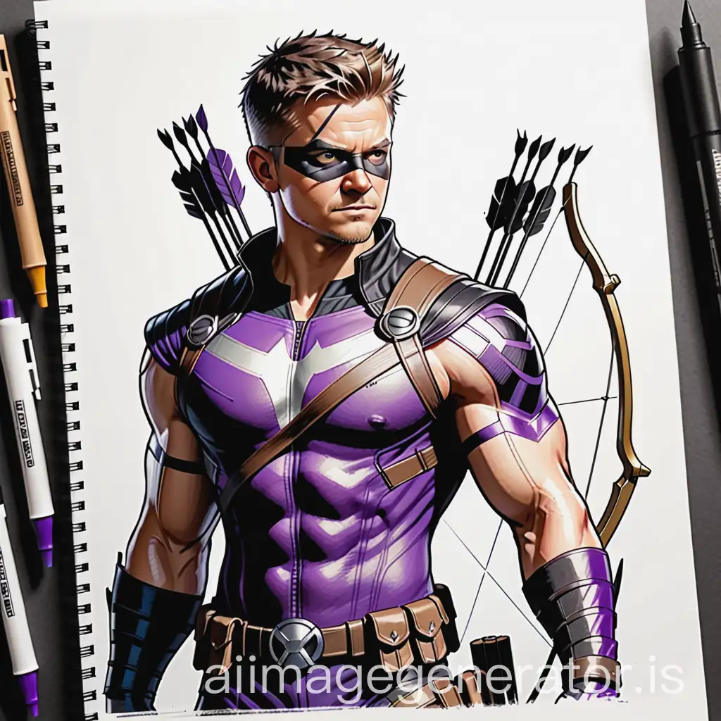 Sketchbook Style, Sketch book, hand drawn, dark, gritty, realistic sketch, Rough sketch, mix of bold dark lines and loose lines, bold lines, on paper, turnaround character sheet, marvel hero hawkeye, Full body, archer theme, Perfect composition golden ratio, masterpiece, best quality, 4k, sharp focus. Better hand, perfect anatomy.