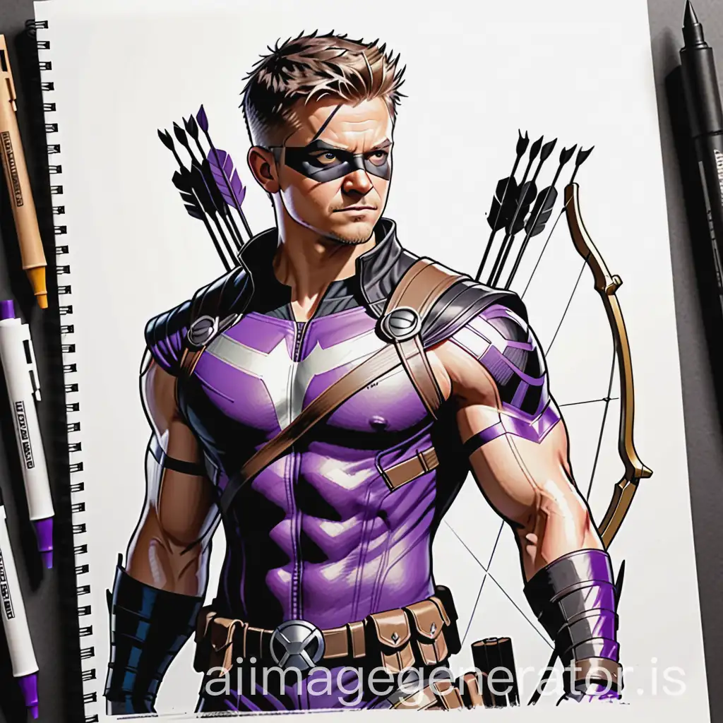 Sketchbook Style, Sketch book, hand drawn, dark, gritty, realistic sketch, Rough sketch, mix of bold dark lines and loose lines, bold lines, on paper, turnaround character sheet, marvel hero hawkeye, Full body, archer theme, Perfect composition golden ratio, masterpiece, best quality, 4k, sharp focus. Better hand, perfect anatomy. 