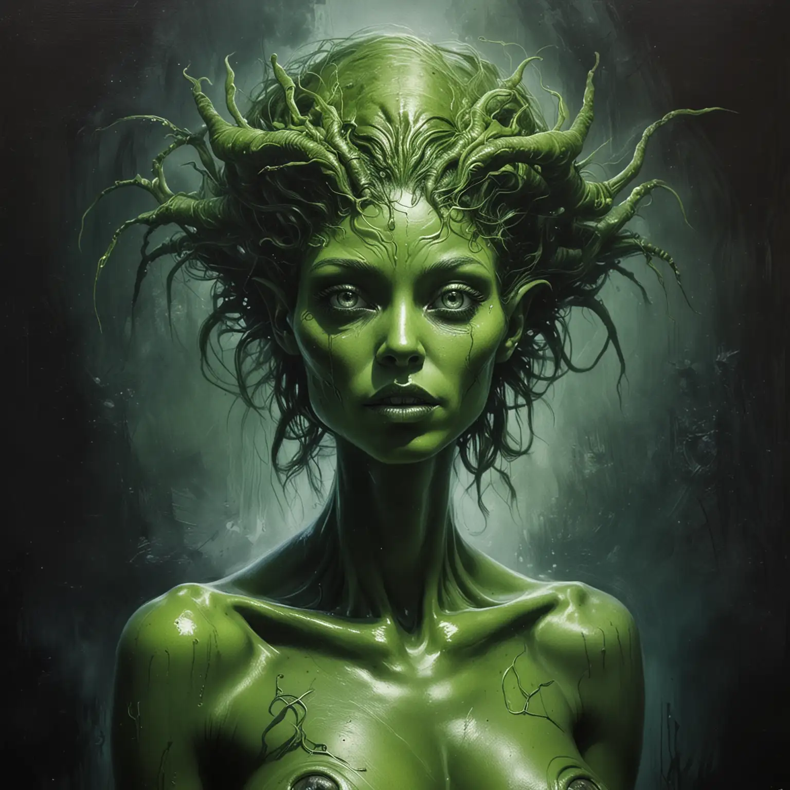 Futuristic Alien Woman in Vibrant Green Otherworldly Portrait Art