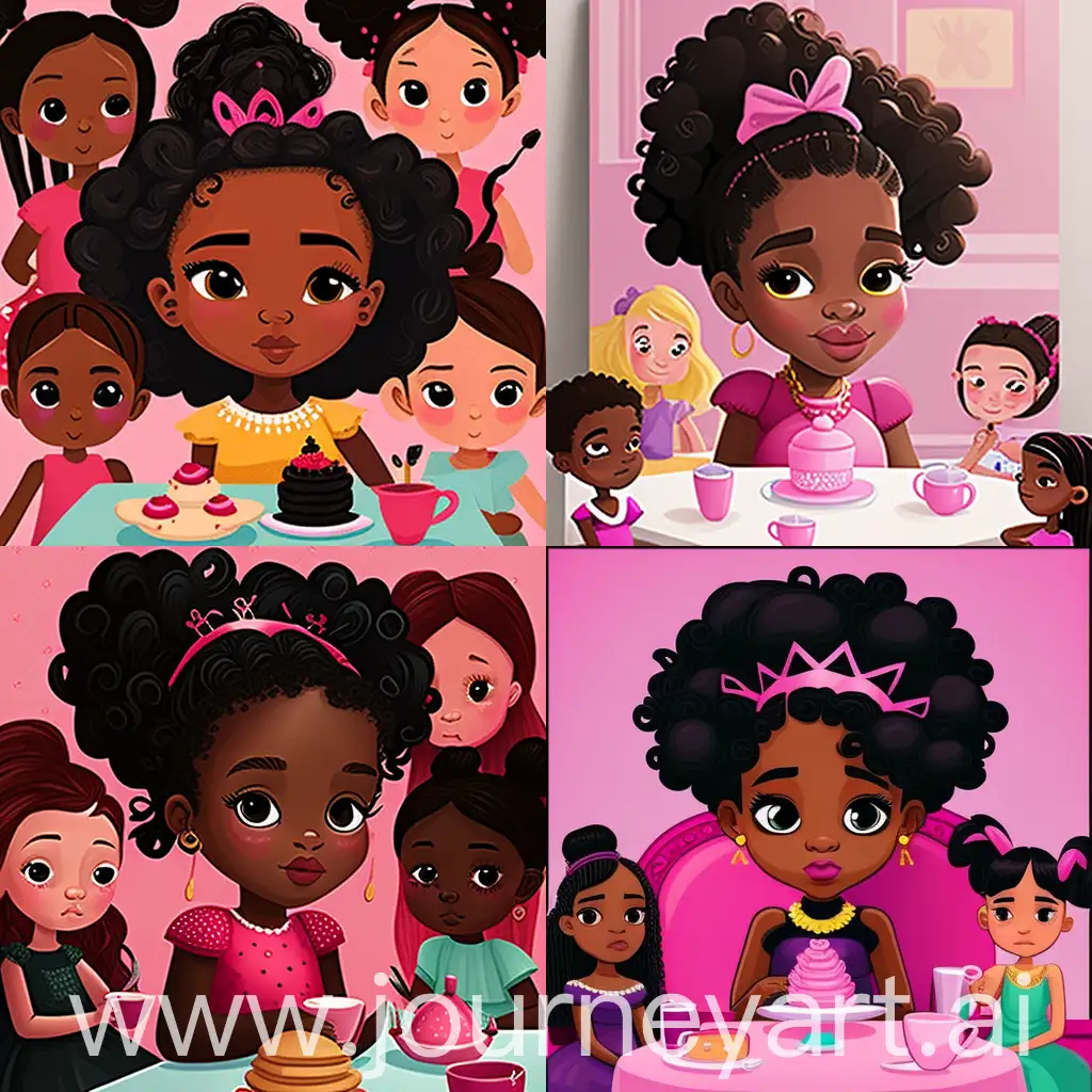 Black Cartoon princess, with braids in her hair, sitting with friends boys and girls, boys at the tea party and girls at party, tea party, hot pink background , toddler , fancy dress, birthday poster.