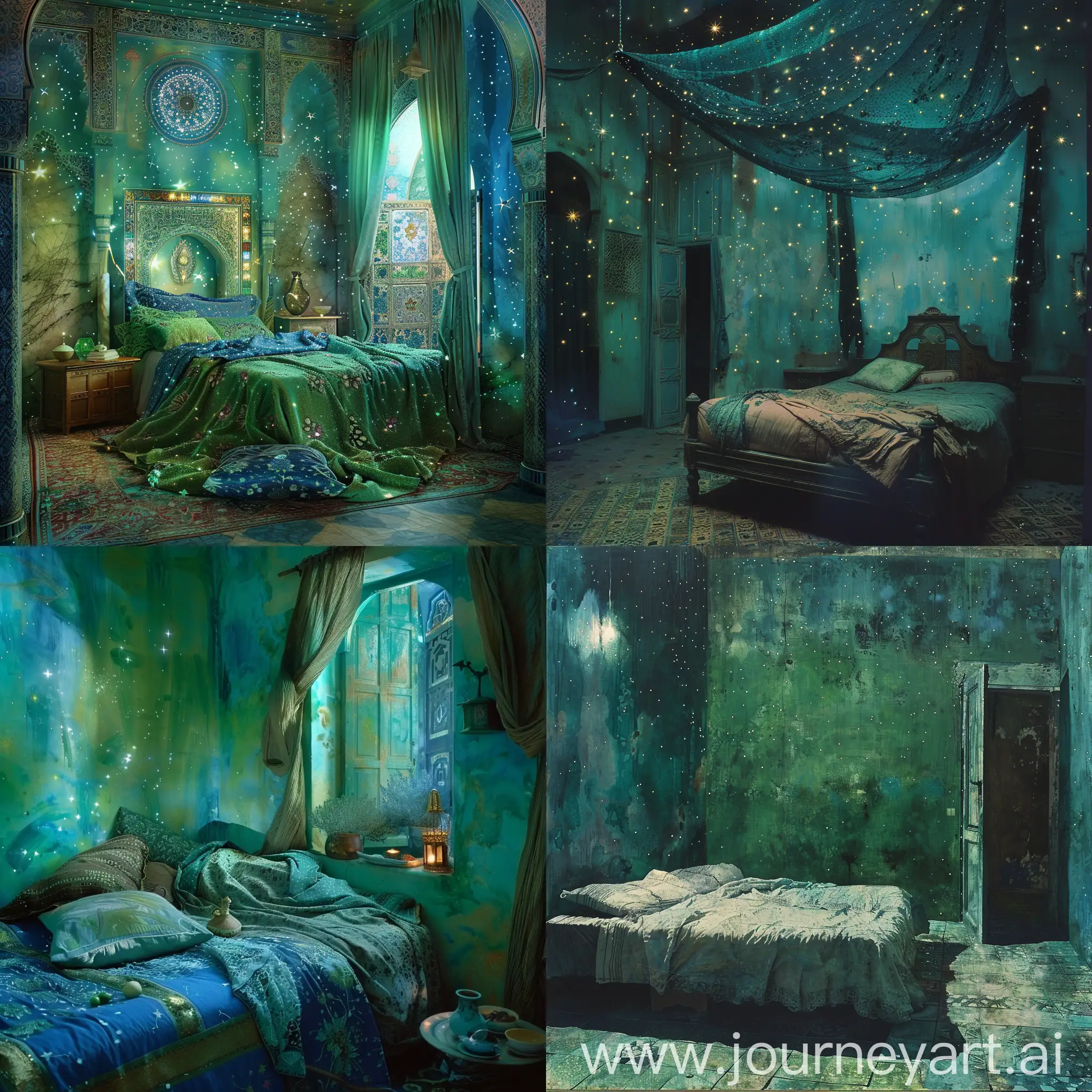 Syrian-Bedroom-with-Blue-and-Green-Accents-under-a-Starry-Sky