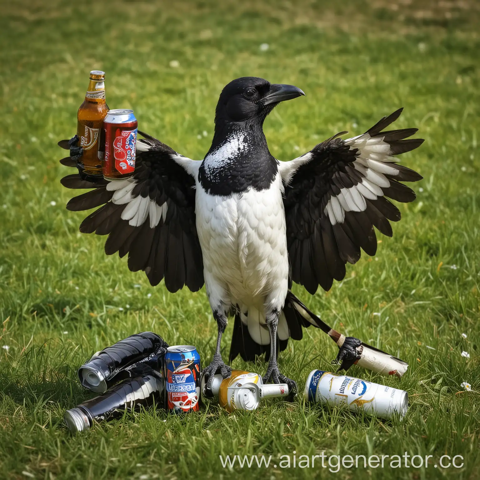 смешная пьяная сорока сидит на траве, под крылом держит банку пива, обнимает бутылку
