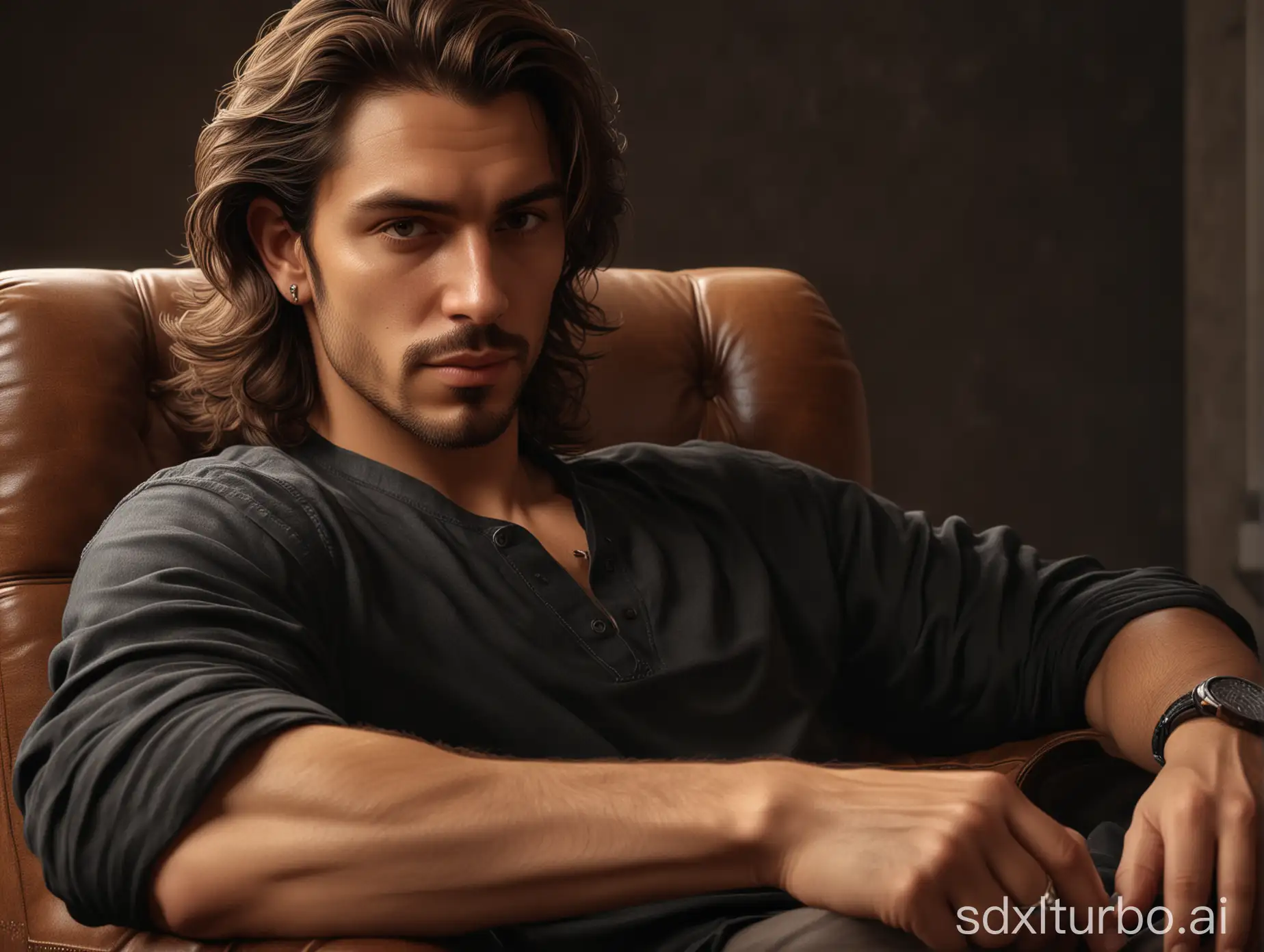 A handsome young man in his thirties with long brown hair and hazel eyes, dressed like a rock star, looks very seductive and smilrks cheekily, sitting in the arm-chair, perfect composition, beautiful detailed intricate insanely detailed octane render trending on artstation, 8 k, photorealistic concept art, soft natural volumetric cinematic perfect light, chiaroscuro,  masterpiece, caravaggio, greg rutkowski