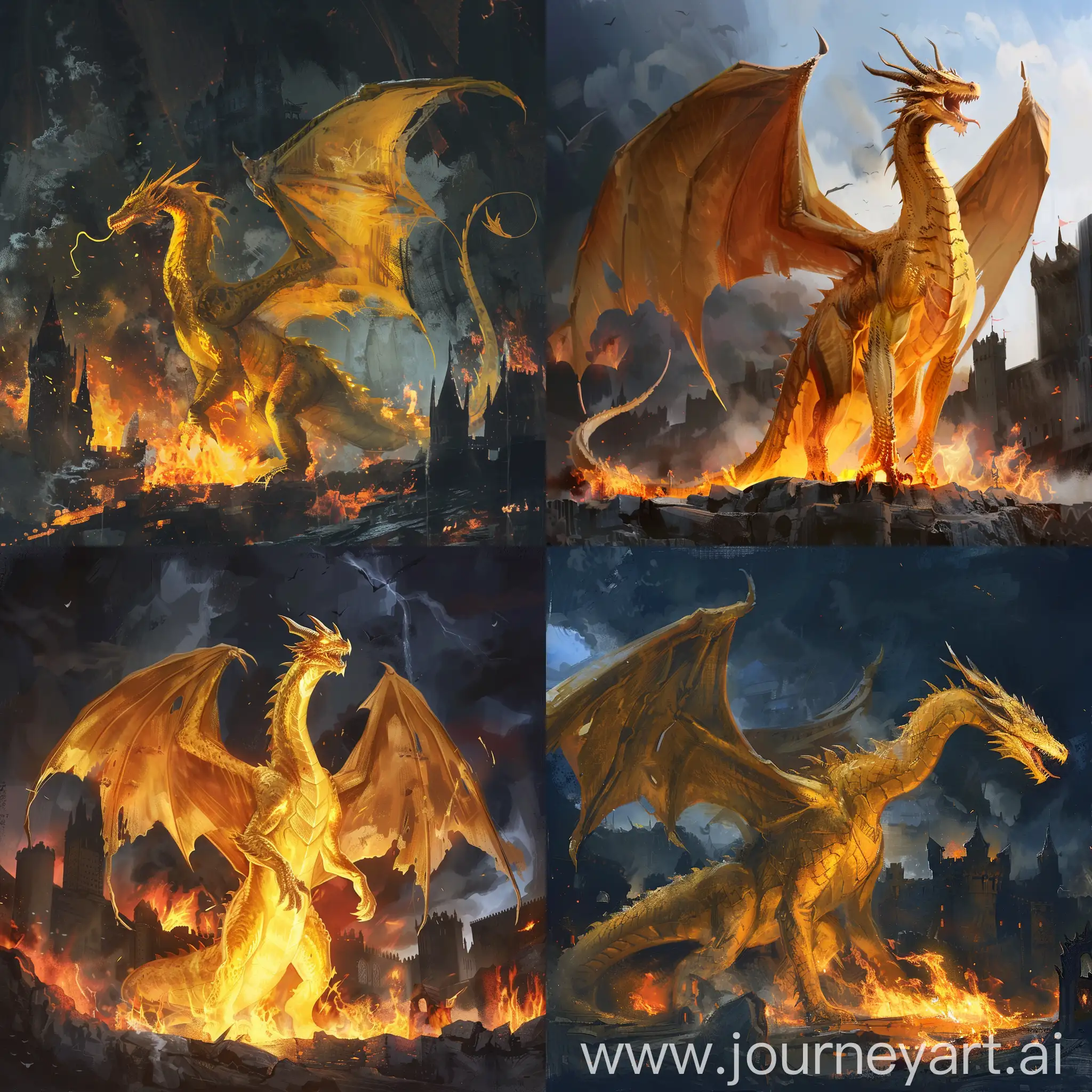 Majestic-Yellow-Dragon-Soaring-Above-a-Burning-Castle