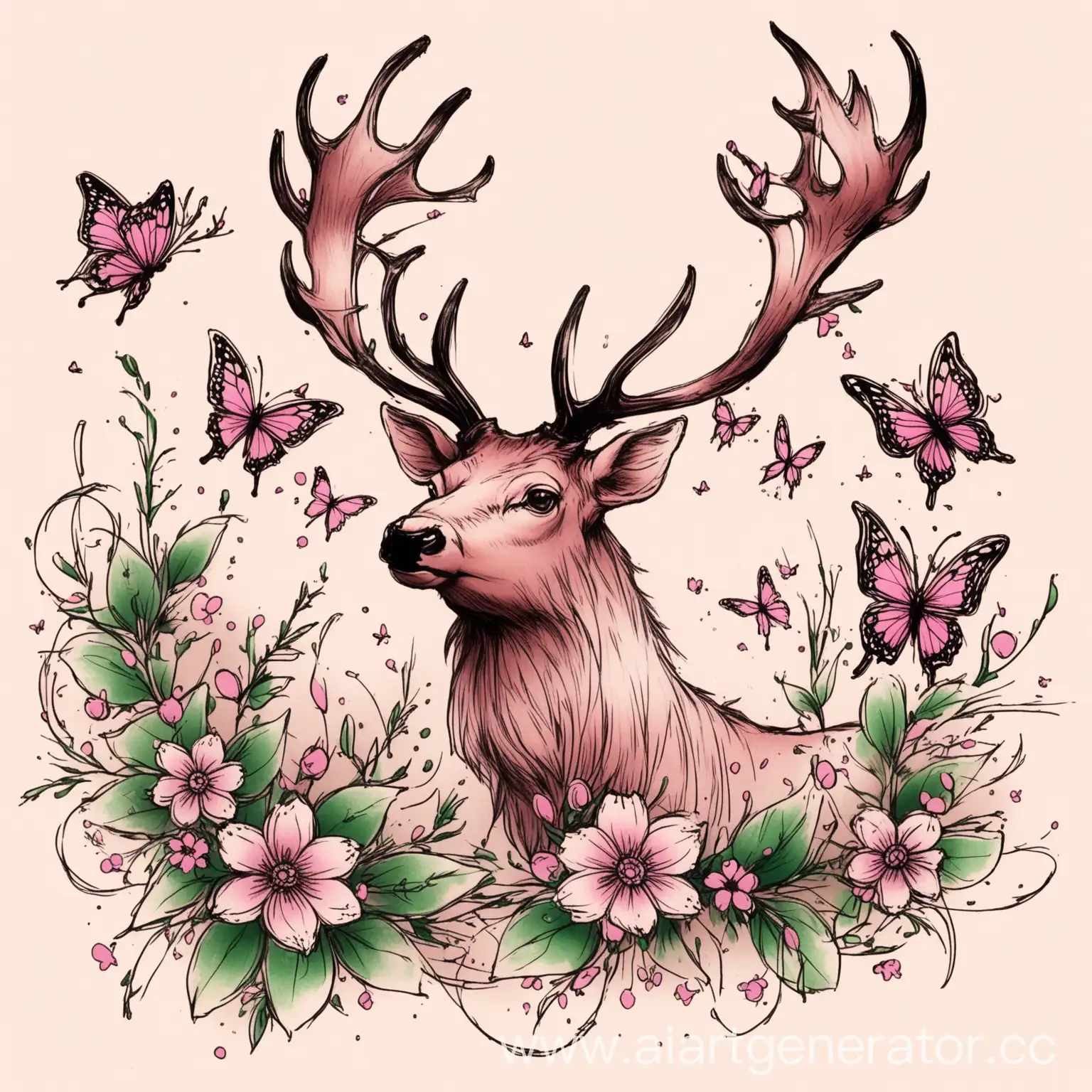 Gentle-Pink-and-Green-Elk-Butterflies-and-Flowers-Sketch-for-Tattoo