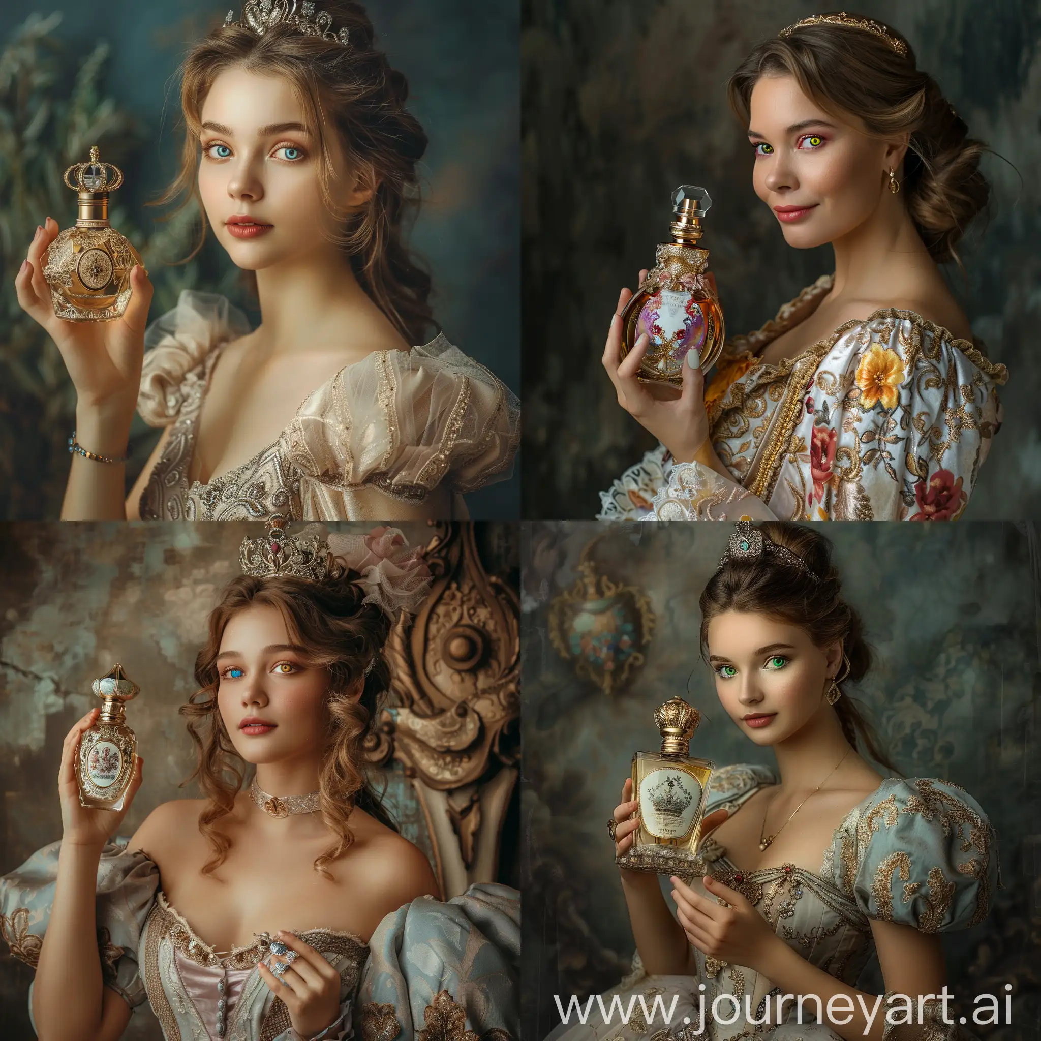 (Real photo of a very beautiful 30-year-old woman wearing a princess dress, and colored eyes, delicate face, advertising photo pose with a perfume bottle in her hand, princess and royal theme, attention to the image on the perfume bottle, (very attractive woman and beautiful), beautiful and professional pose, studio photo suitable for poster advertising