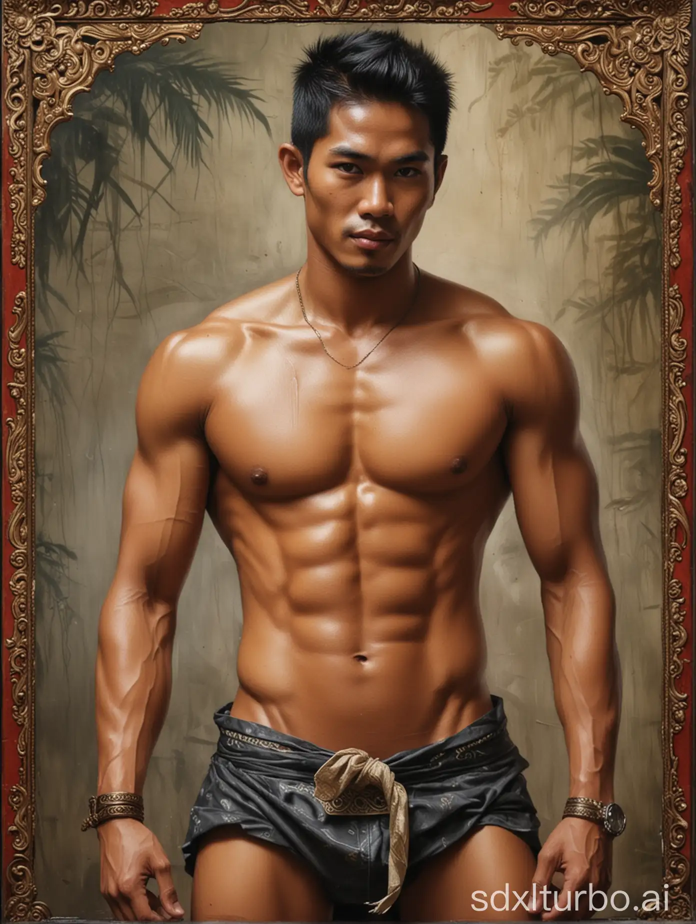 sexy Indonesian man in a Leyendender-style painting.