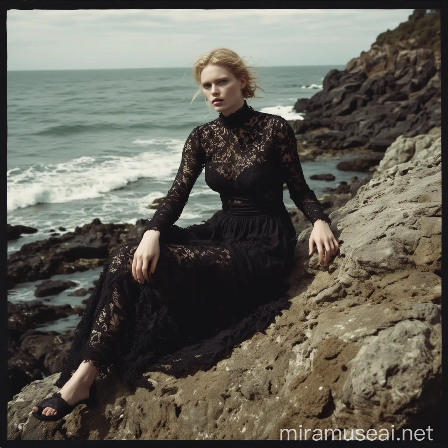 a woman sitting on top of a rock next to the ocean, black turtleneck lace dress, lara stone, layout, androgynous, still shot, sea weed, looks like domhnall gleeson, sharp polaroid photo, showing forehead, wearing an african dress, long limbs, entangled, print, crawling towards the camera --v 5. 2 --ar 3:4