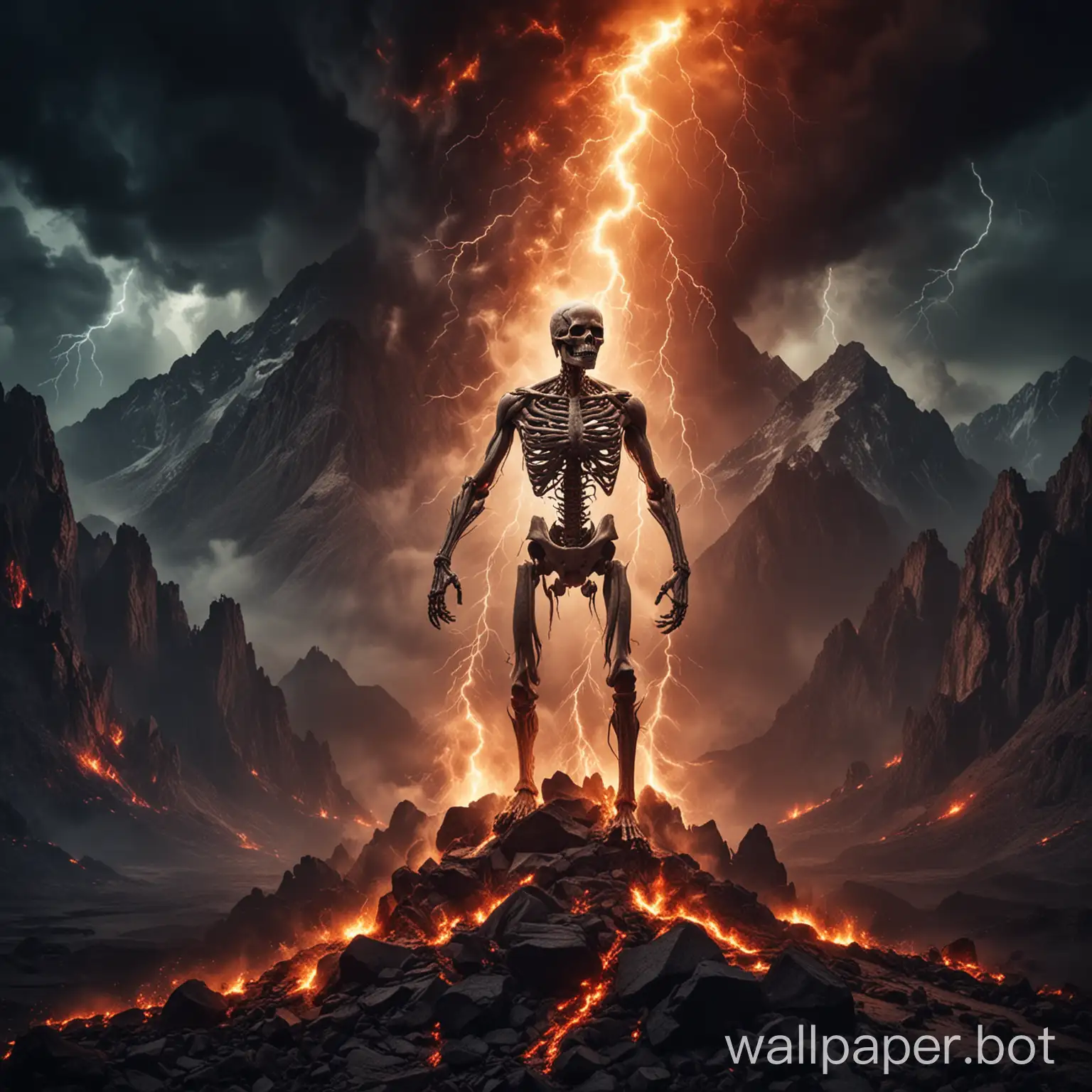 Skeletal man with lightning in the middle of dark and scary mountains in the middle of erupting fire