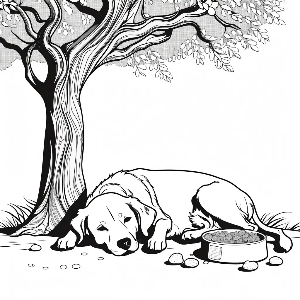 Relaxed-Dog-Sleeping-Under-Tree-with-Food-Bowl-Peaceful-Coloring-Page