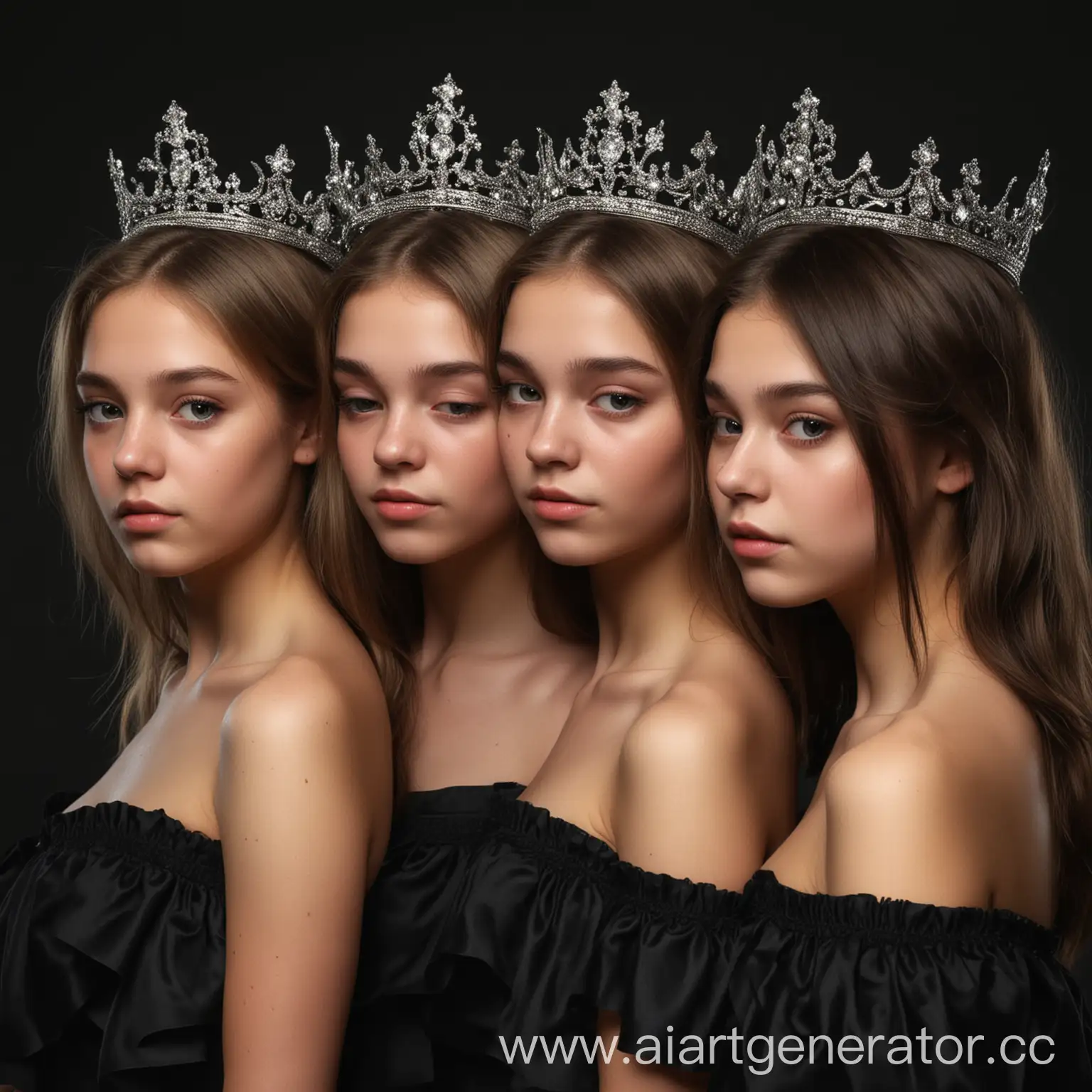 Four-Teenage-Girls-in-Crowned-Dark-Dresses-on-Dark-Background