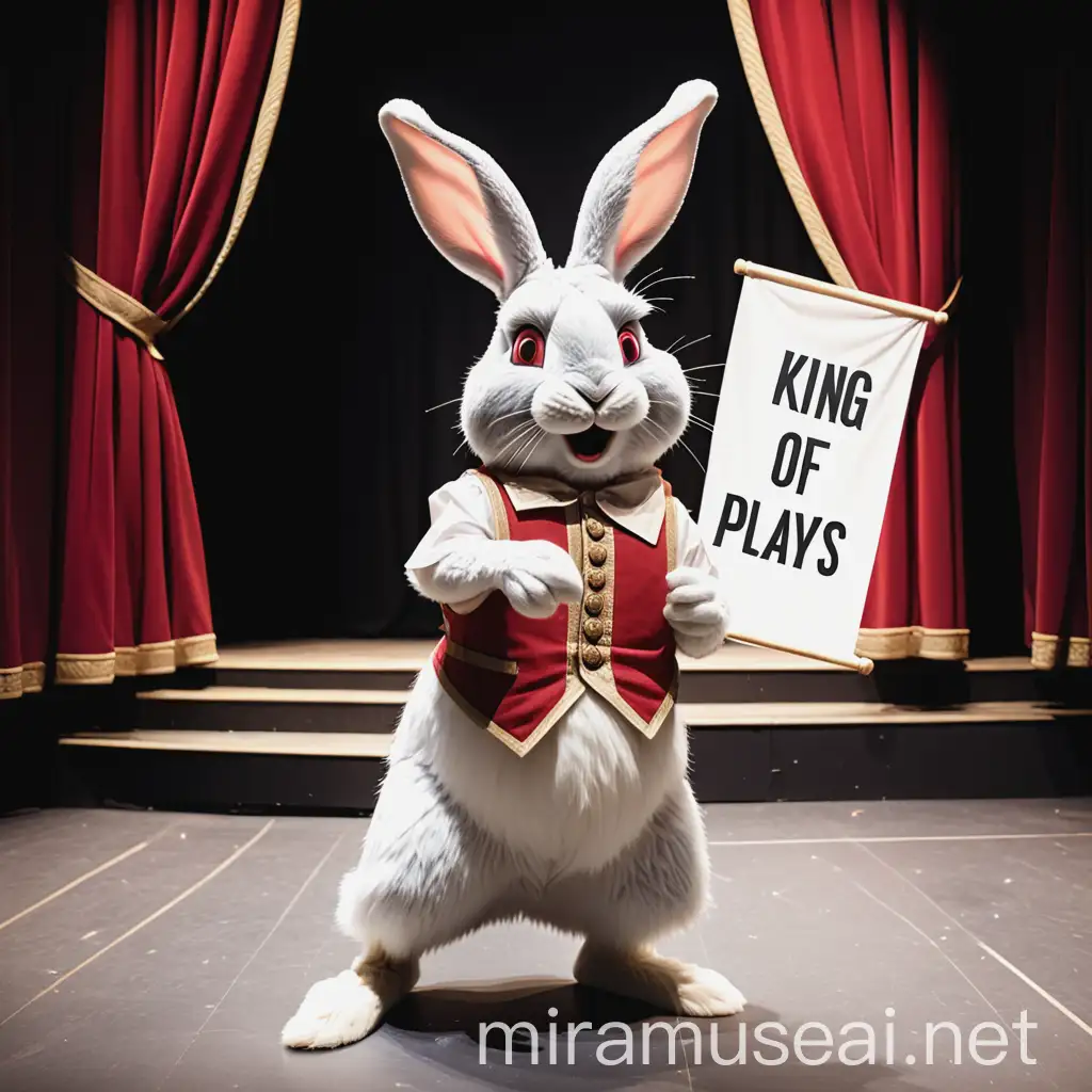 a rabbit acting at the theatre with a banner reading "king of plays"