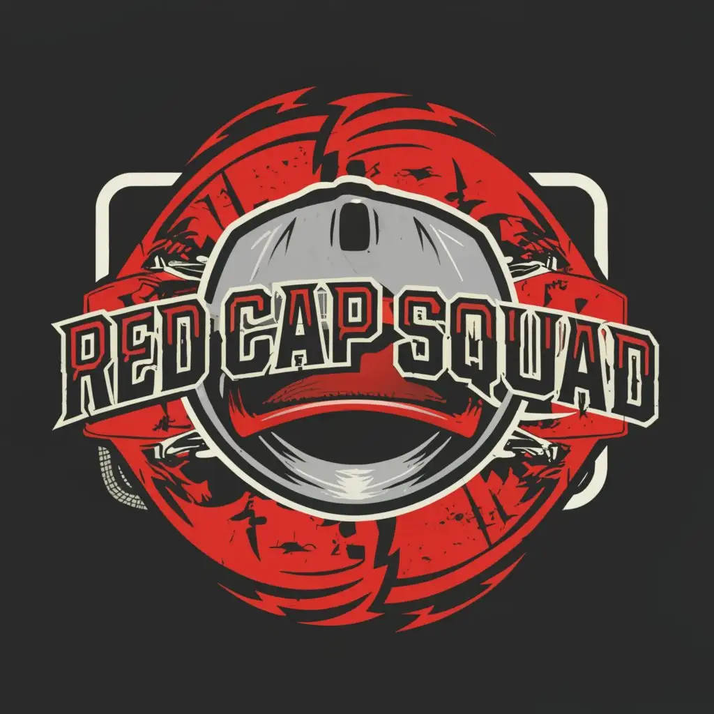LOGO-Design-for-Red-Cap-Squad-White-Text-with-Red-Cap-Symbol-on-Black-Visor-Background