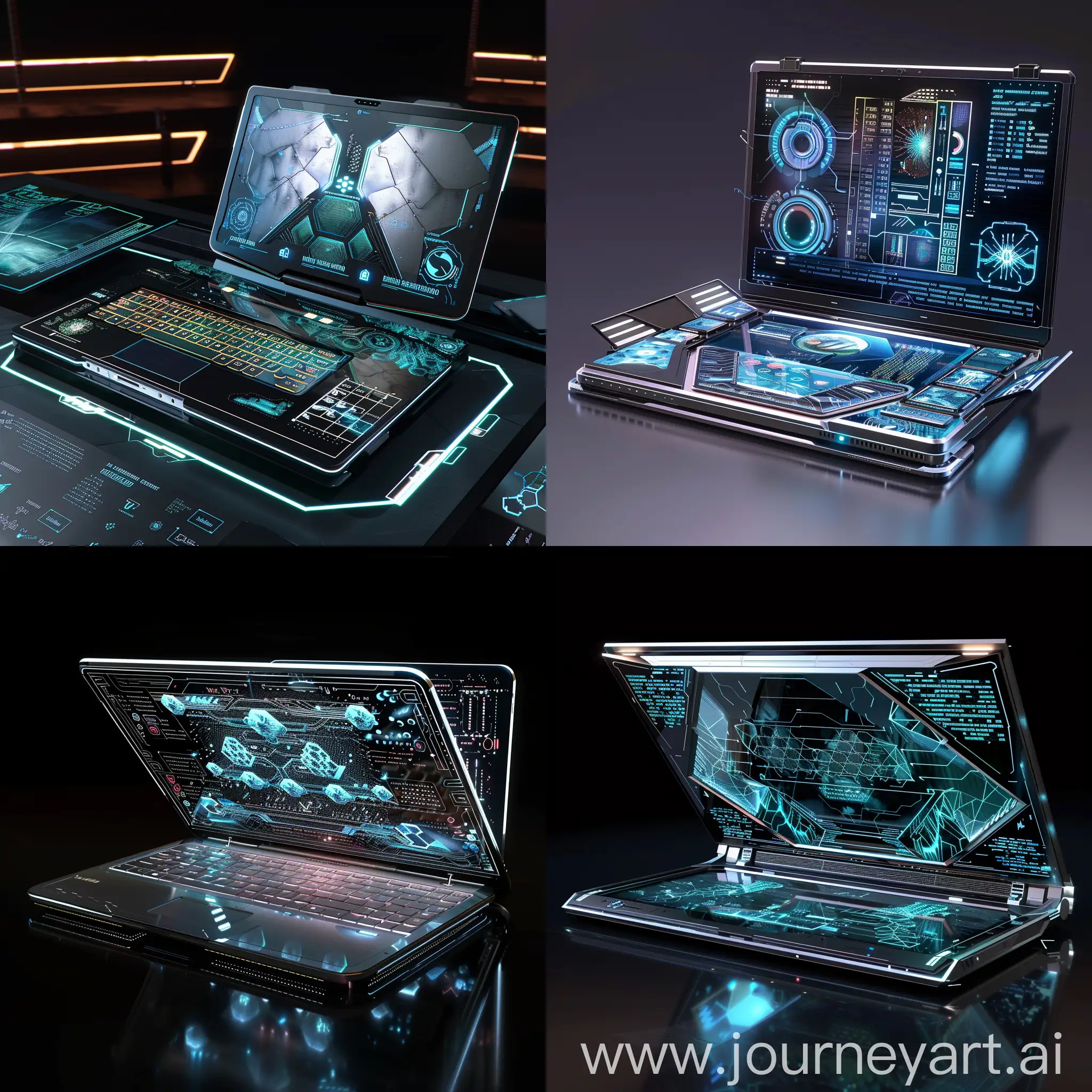 Futuristic laptop, in futuristic style, Quantum Processing Units (QPUs), Graphene-Based Components, Neural Processing Units (NPUs), Optical Data Transfer, Advanced Battery Technology, Self-Healing Circuits, Integrated 3D Chip Stacking, Holographic Data Storage, Flexible and Foldable Display, Bio-Inspired Cooling System, Flexible and Foldable Screens, Holographic Displays, Touchscreen Keyboards, Biometric Security Enhancements, Modular Design, Solar-Powered Surfaces, Adaptive Chassis Materials, Edge-to-Edge Displays, Augmented Reality Interfaces, E-ink Secondary Displays, Topological Insulator-Based Transistors, Weyl Semimetal Processors, Dirac Semimetal Interconnects, Bismuth Telluride Thermoelectric Coolers, Graphene-Based Memory Storage, Antimony-Based Quantum Dots for Displays, Flexible Thermoelectric Generators, Topological Insulator Surface States for Enhanced Security, Semimetal-Assisted Optical Communication, Straintronics Using Semimetal Films, Graphene-Based Flexible Displays, Bismuth-Based Thermoelectric Surface Cooling, Antimony-Infused Touchpads, Graphene-Enhanced Audio Systems, Topological Insulator Security Modules, Weyl Semimetal Structural Frames, Graphene-Based Solar Panels, Antimony-Doped Smart Glass, Bismuth Alloy Hinges, Graphene-Infused Protective Coatings, unreal engine 5 --stylize 1000