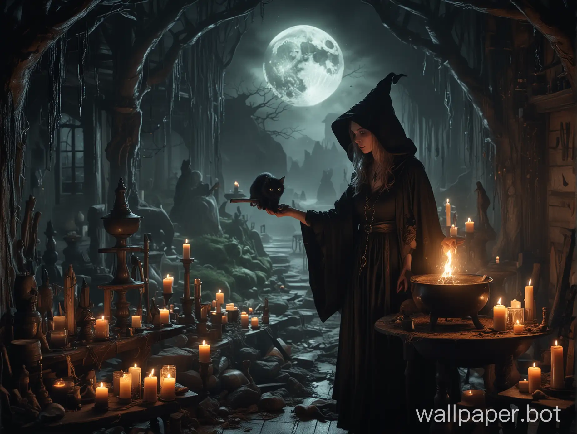 A striking cinematic image captures a beautiful witch casting a spell over a steaming cauldron, her dark hooded robe accentuating her mysterious presence. Her piercing eyes glint with mischief, as her black cat watches her intently with its green eyes locked onto the swirling potion. The witch uses an upside-down broomstick as a whimsical stirring tool, adding a touch of enchantment to the scene. Illuminated by flickering candles and glowing runes, the room is draped in shadows, while the eerie full moon casts a silvery glow over the dark fantasy landscape. The atmosphere is bewitching and captivating, drawing the viewer into the witch's spellbinding realm., cinematic, dark fantasy, photo