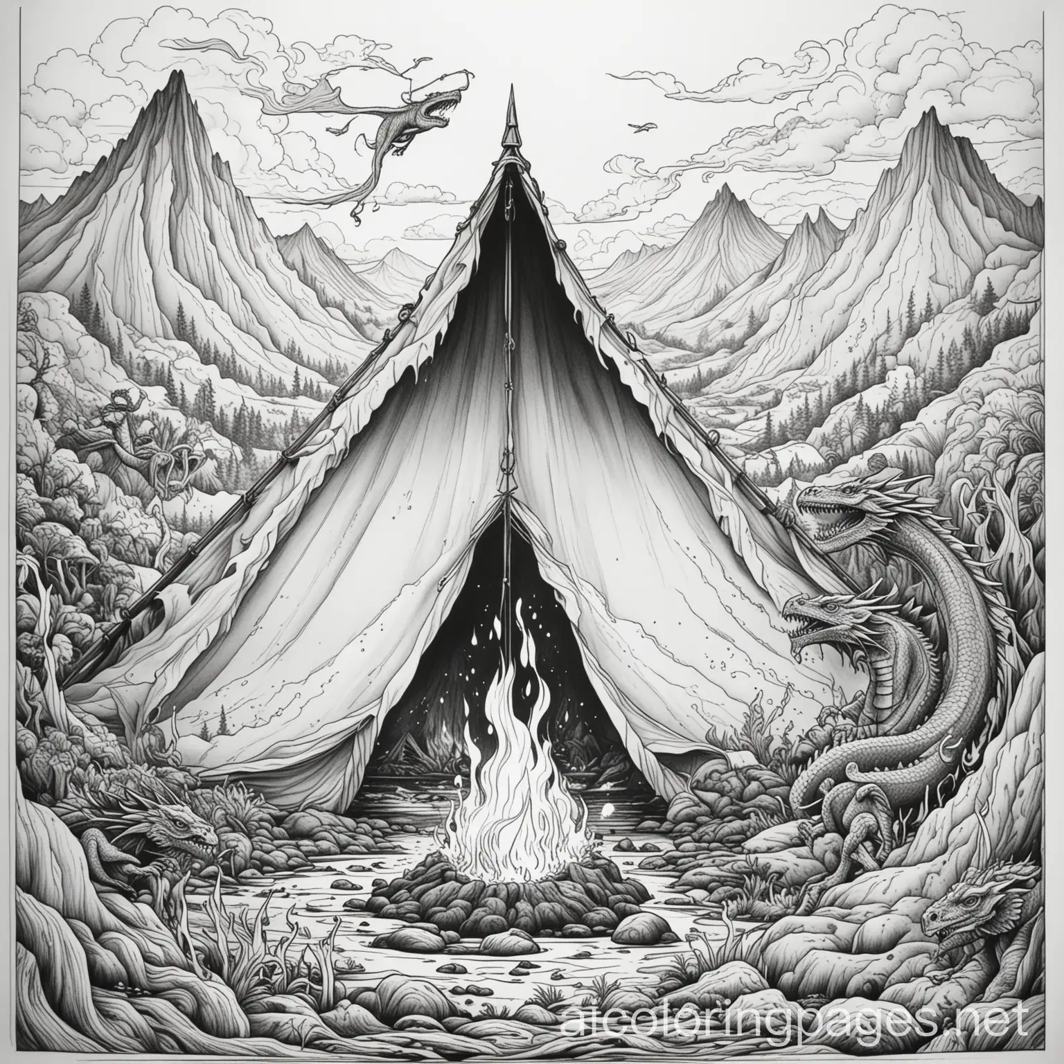 A coloring book page of a tent opening into a fiery realm with lava flows, flame dancers, and fire-breathing dragons performing., Coloring Page, black and white, line art, white background, Simplicity, Ample White Space