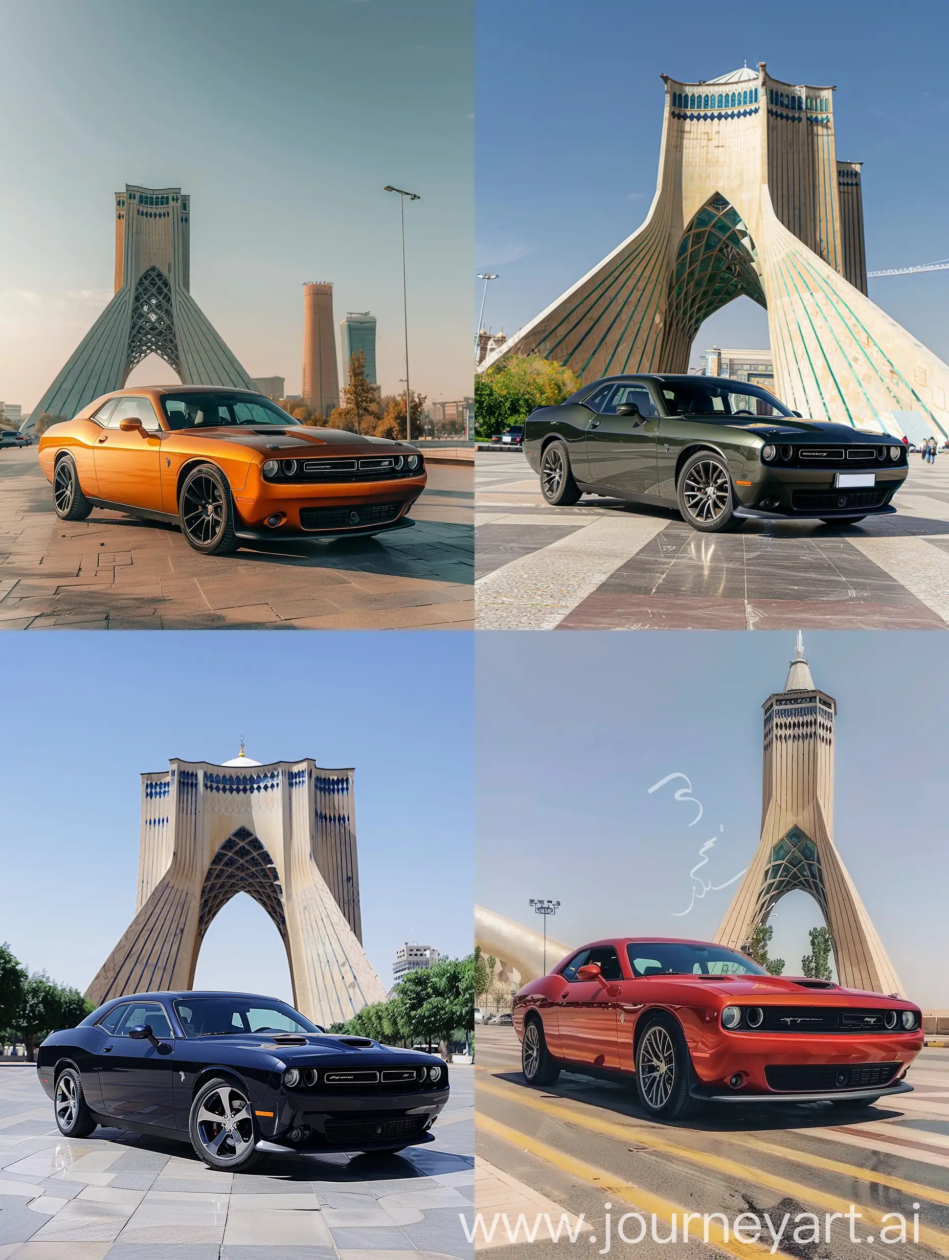 Dodge-Challenger-Driving-by-Azadi-Tower-in-Sunny-Weather-Middle-East-Adventure