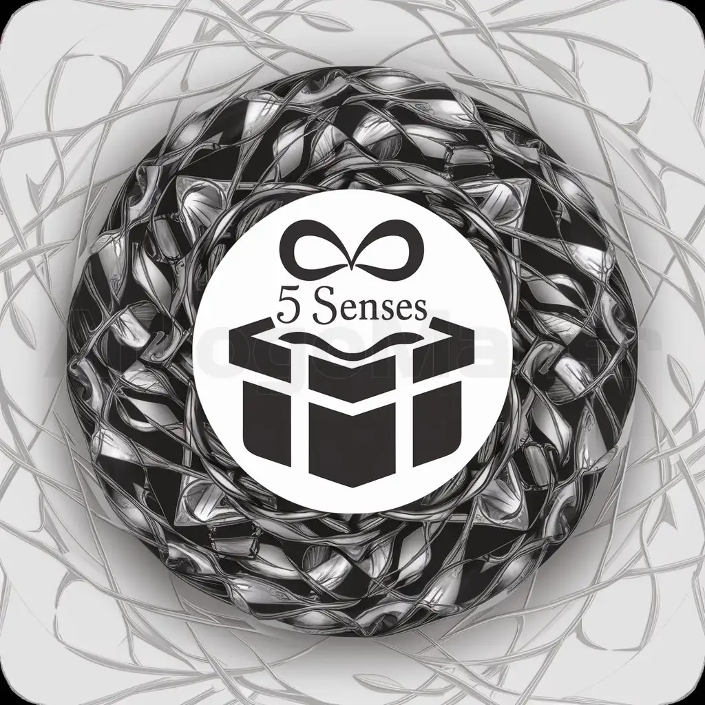 a logo design,with the text "5 senses gift", main symbol:5 senses in a gift inside the circle,complex,clear background