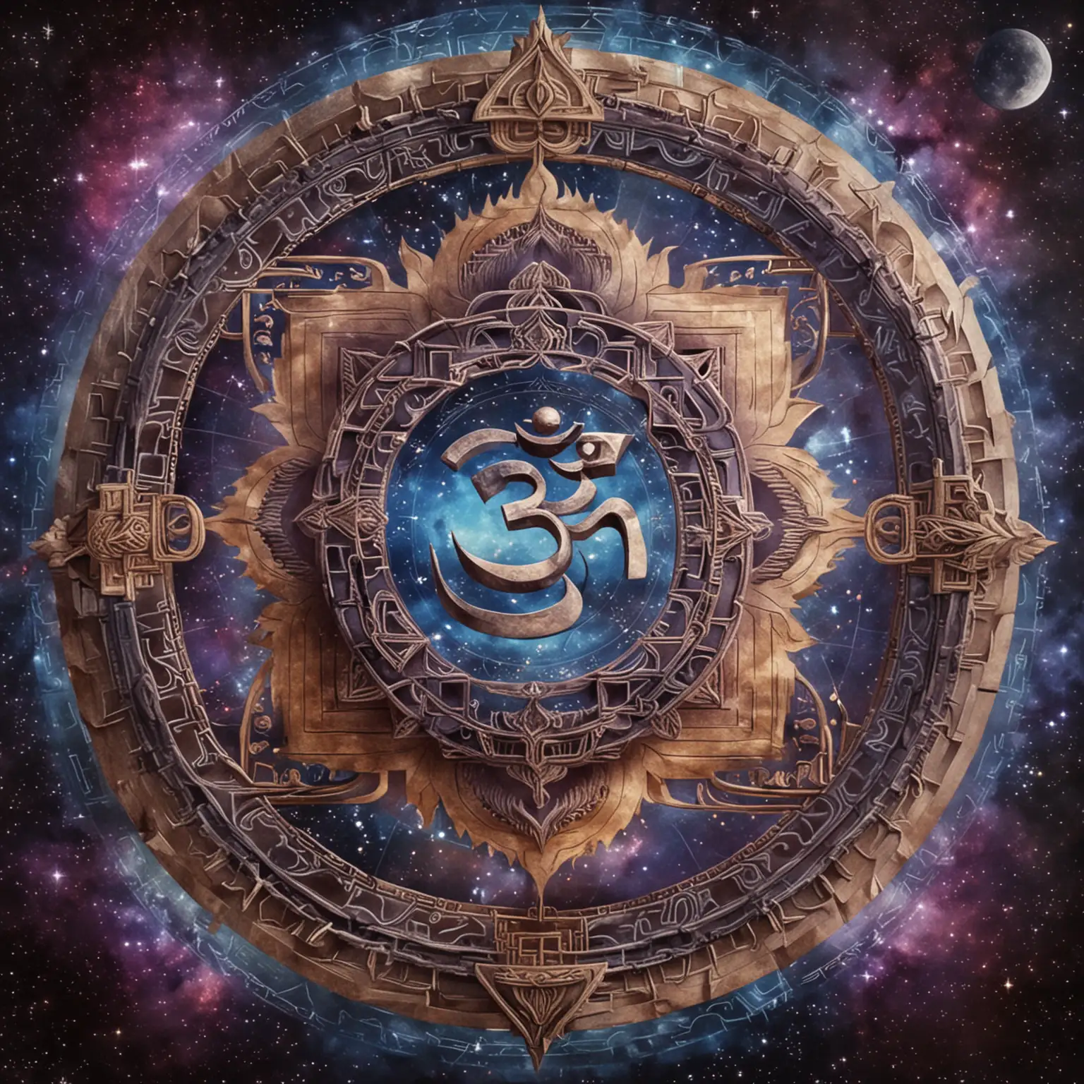 Om symbol set to the backdrop of a sri yantra and the cosmos