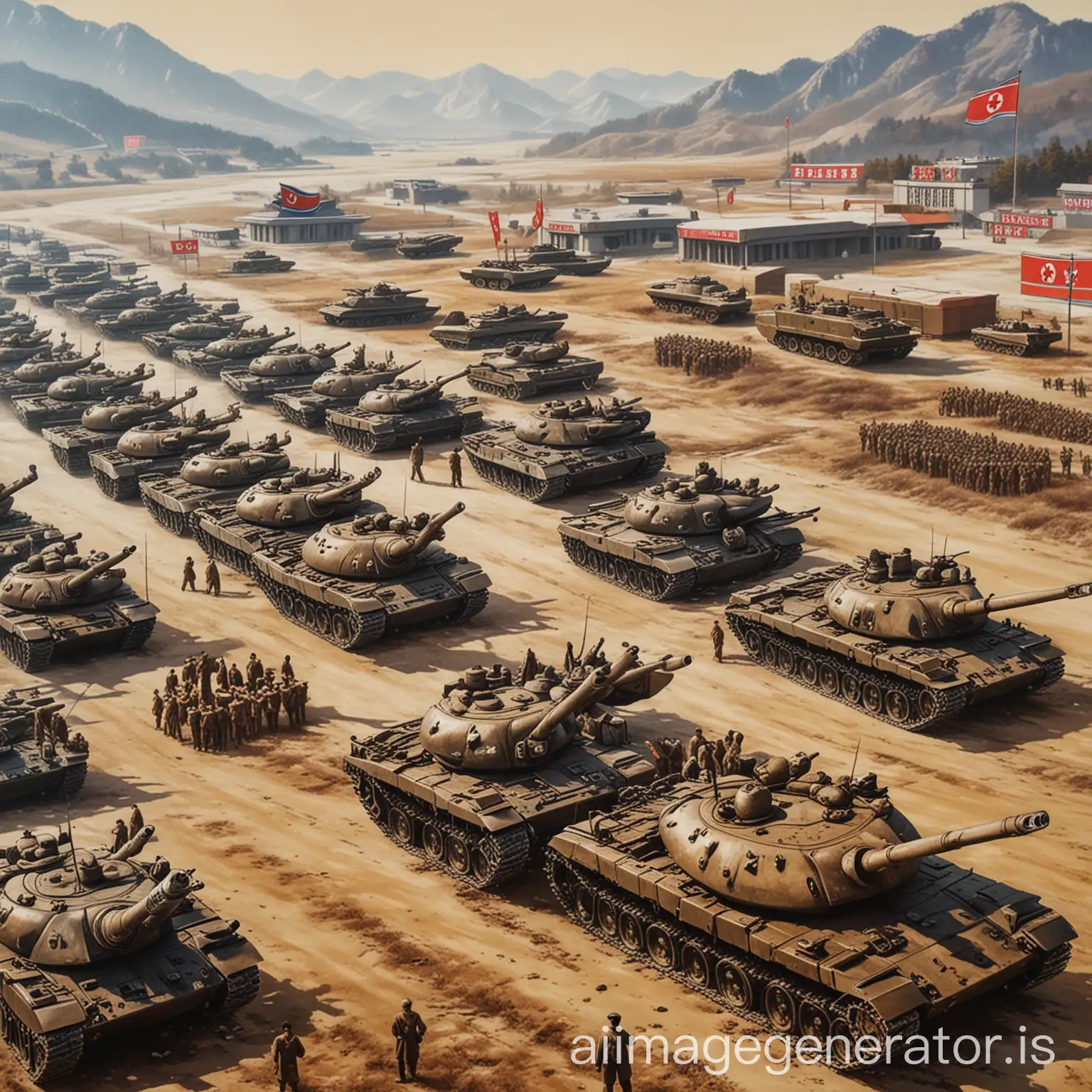 North Korea propaganda poster with many tanks