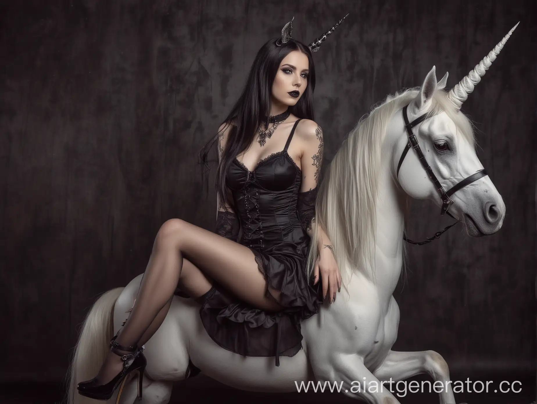 beautiful hot gothic inked gothic  fashion model sitting on the unicorn  , sexy pose, long hair , silky lingerie, seemed stockings, high heels, gothic style,  fantasy, dark aesthetic
