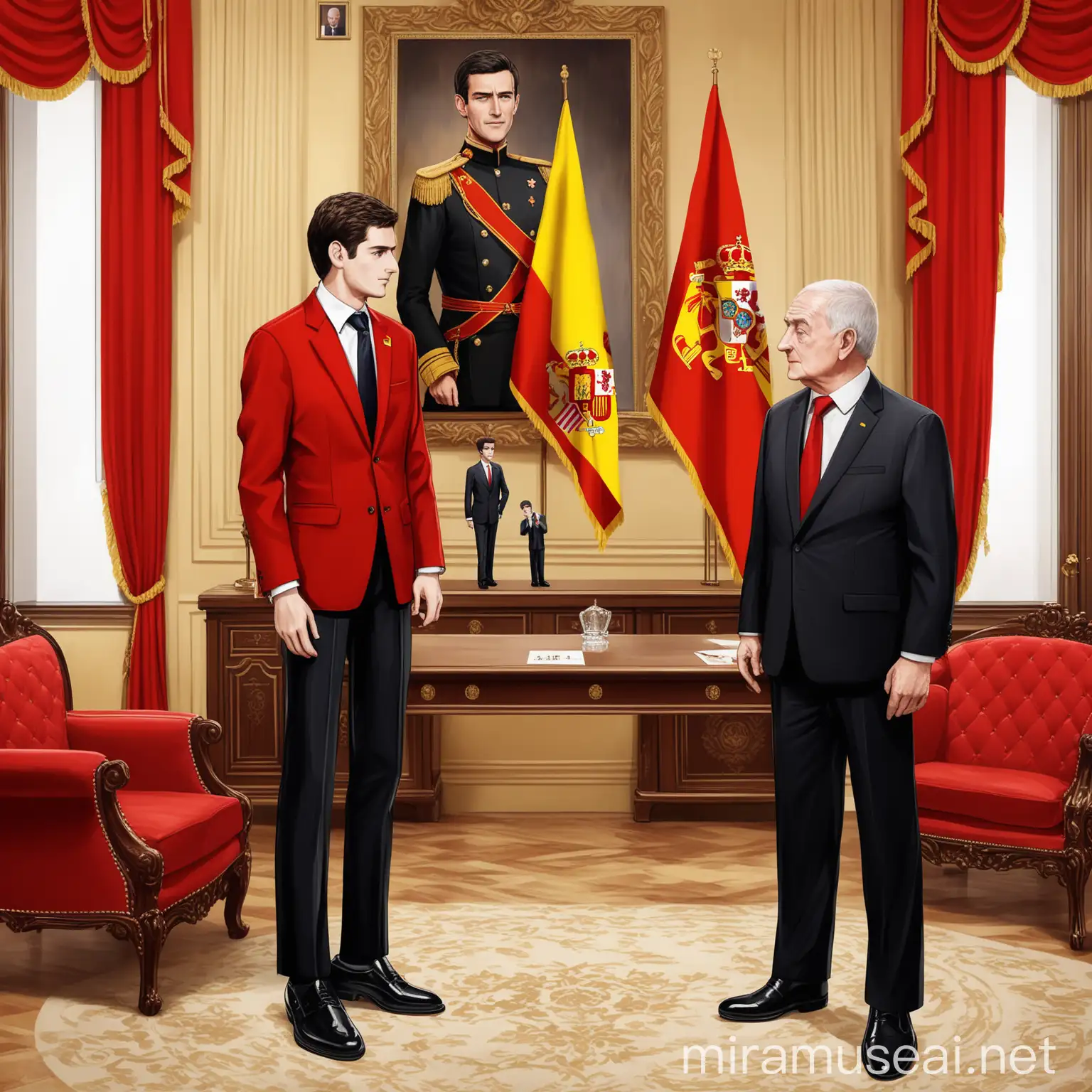 The background is the office of the royal palace.
The flag of Spain hangs on the wall.
A 20-year-old handsome man and a 50-year-old president have a conversation.
The 20-year-old handsome man wore a red suit set and black shoes.
The 50-year-old president wore a black suit set and a yellow tie.
