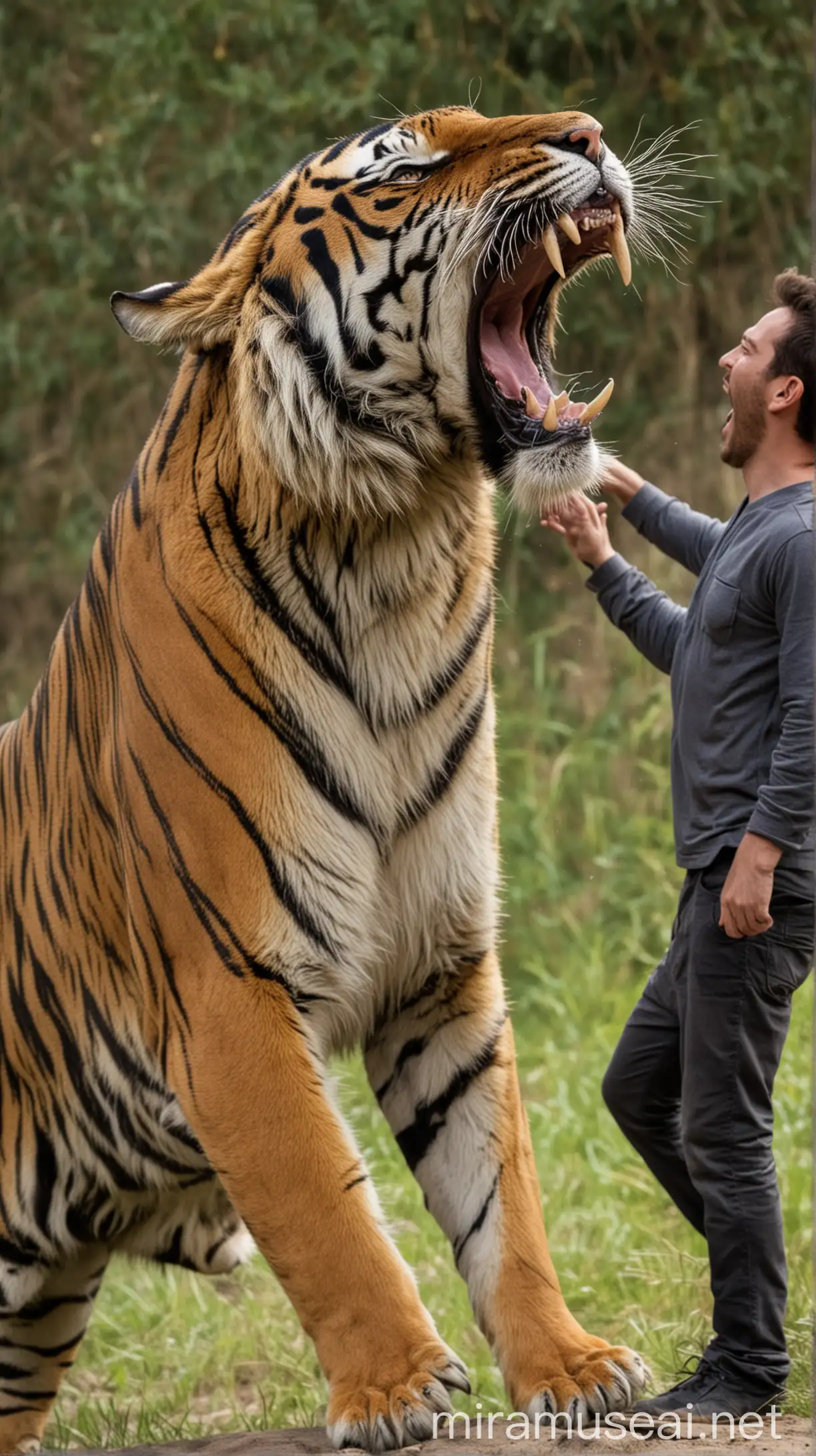 Powerful Tiger Roaring with a Fearless Man