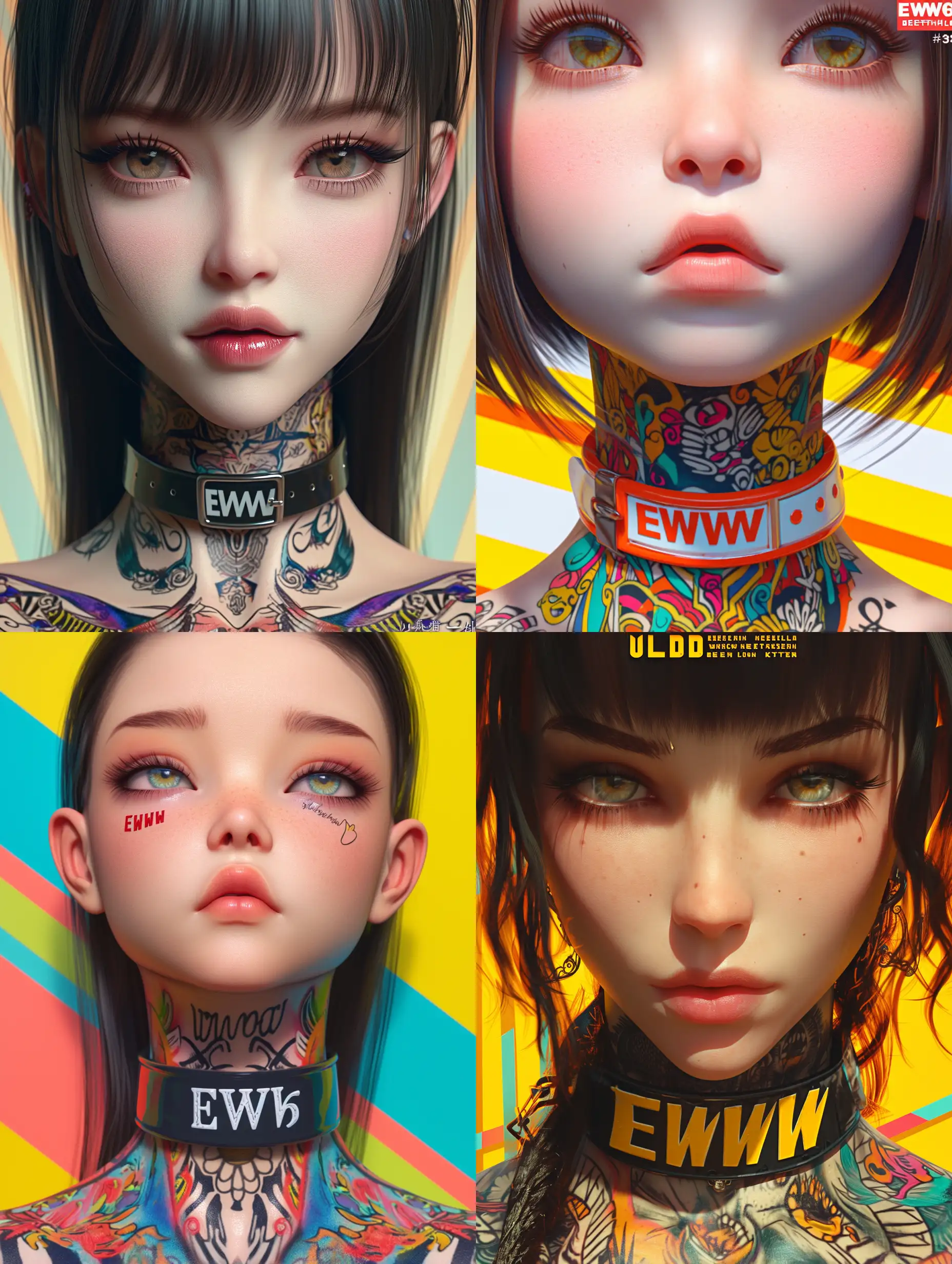  close up of a 3D girl detailed realistic expressions, long neck with comic tattoos, wlop glossy skin, loish and wlop, intricate wlop, ultra detailed face and eyes, in style of wlop, beeple and jeremiah ketner, wlop art, Daz 3D, wlop |, great digital art with details, wlop loish and clamp style, stunning digital illustration, collar with the inscription "EWW", realistic 3D skin, stripe background, :: anime::-0.1 --niji 6 --s 250
