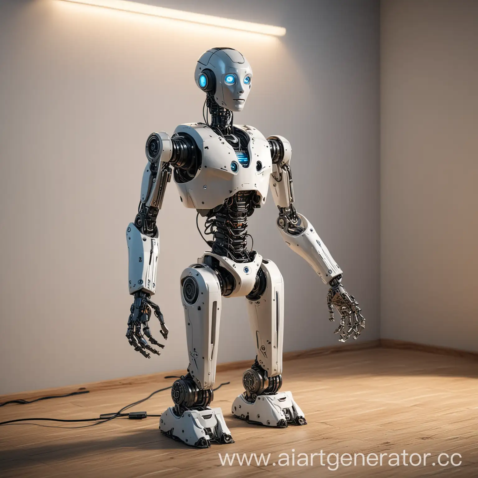 домашний робот помощник из будущего, при комнатном освещении, у которого несколько рук-манипуляторов со сменными насадками